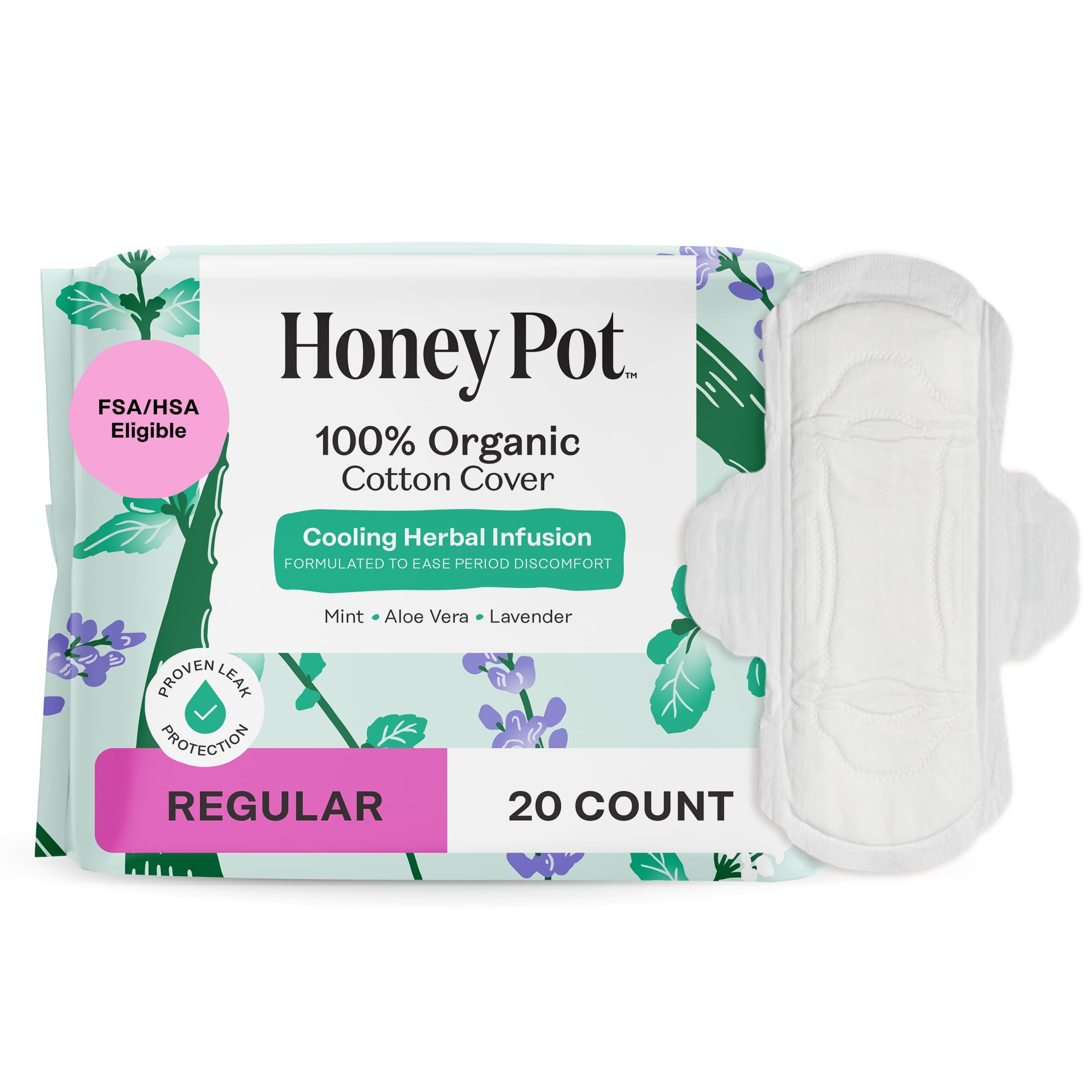 The Honey Pot Company - Herbal Sanitary Pads for Women - Regular Flow w/Wings - Infused w/Essential Oils for Cooling Effect & Organic Cotton Cover - Feminine Care - 20 ct
