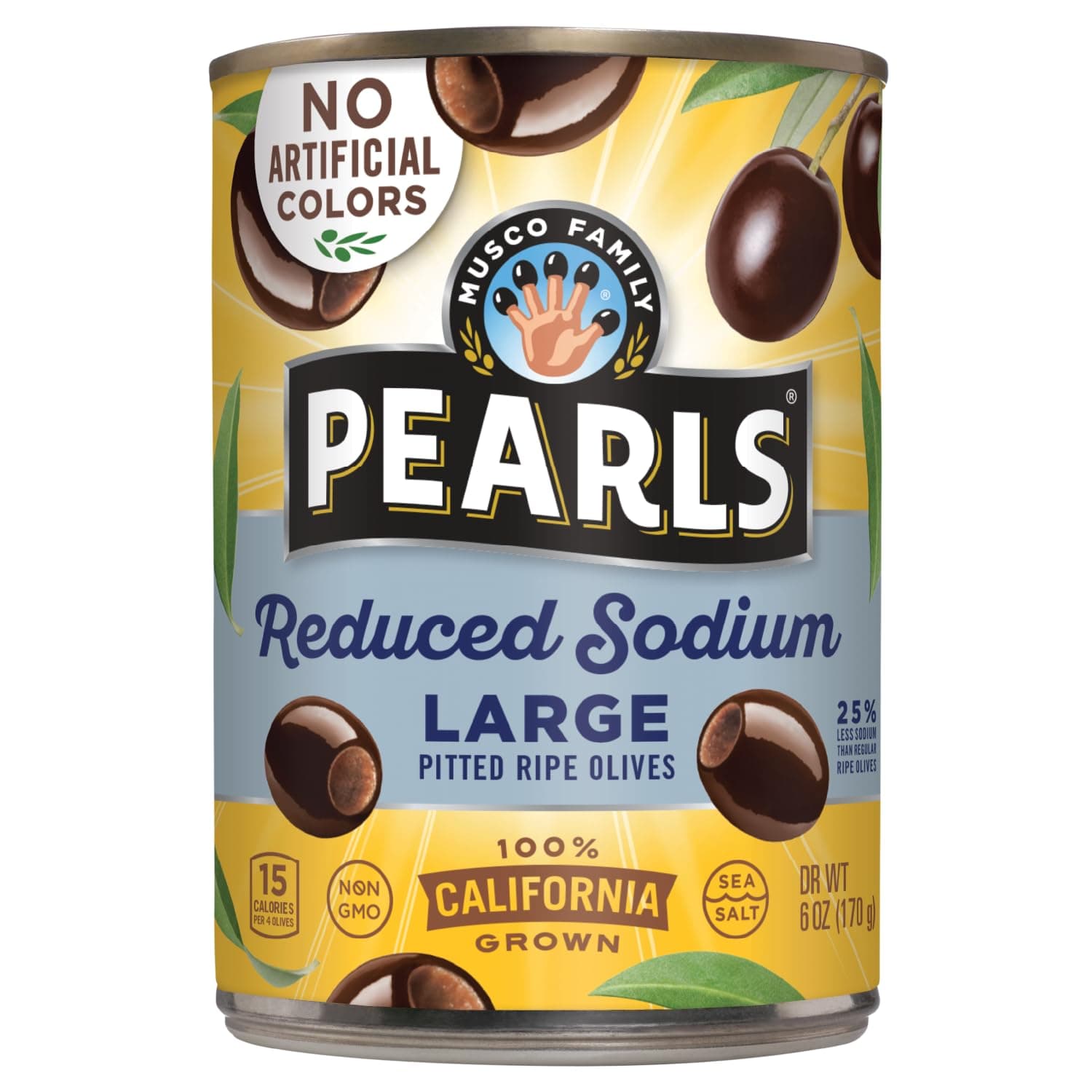 Pearls Low-Sodium Large Ripe Pitted Olives, Pack of 12, 6 oz Cans