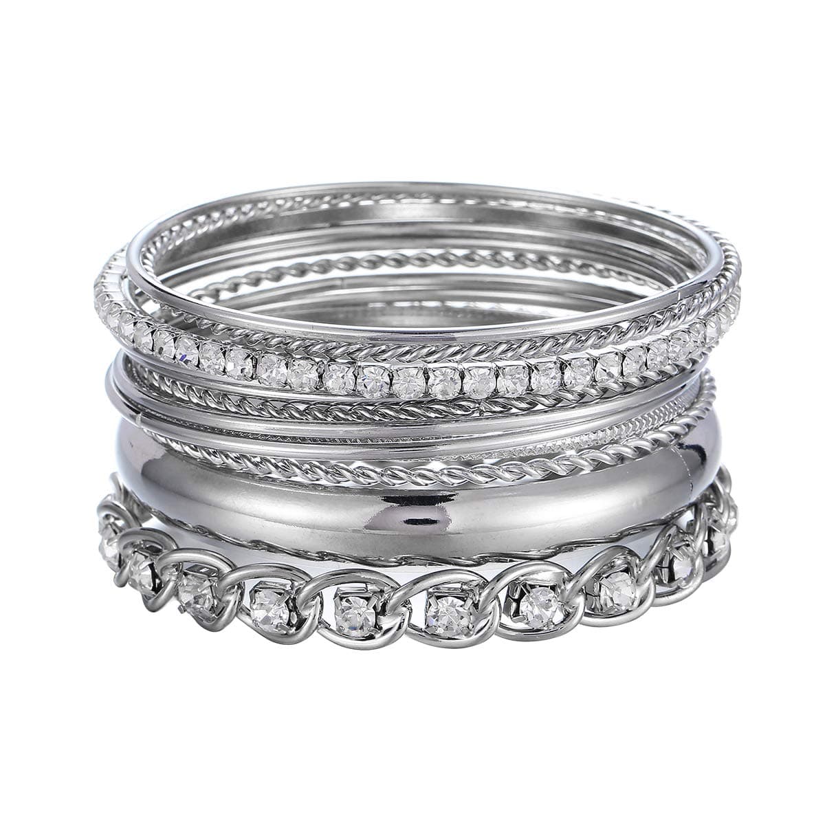 Twisted Multiple Metal Bracelets & Bangles Set for Women 12Pcs/Set W/Clear Rhinestones