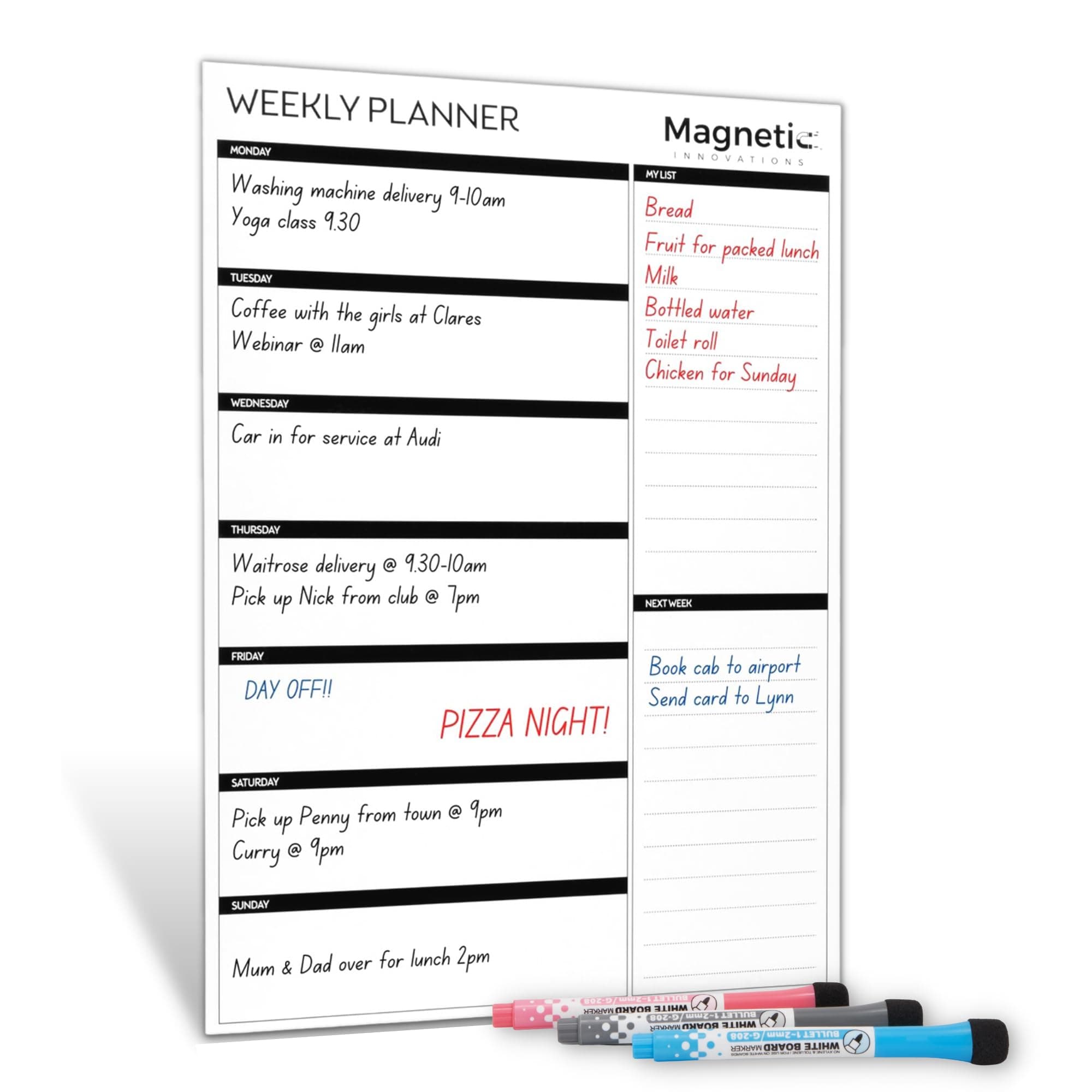 A3 Magnetic Weekly Planner Fridge Whiteboard, Family Meal Planner and Shopping List - Memo Board for Appointments and Reminders