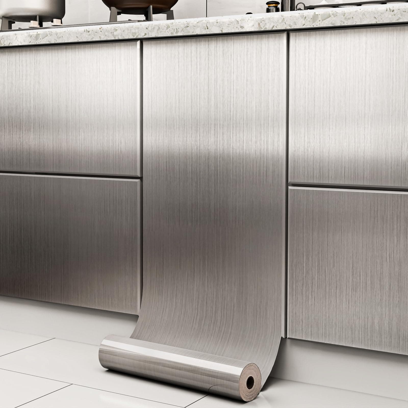 Stainless Steel Contact Paper for Countertop Waterproof Silver Metallic Wallpaper Peel and Stick Wallpaper for Kitchen Backsplash Self Adhesive Wallpaper Dishwasher Fridge Appliances Cover 17.7“×78.7”