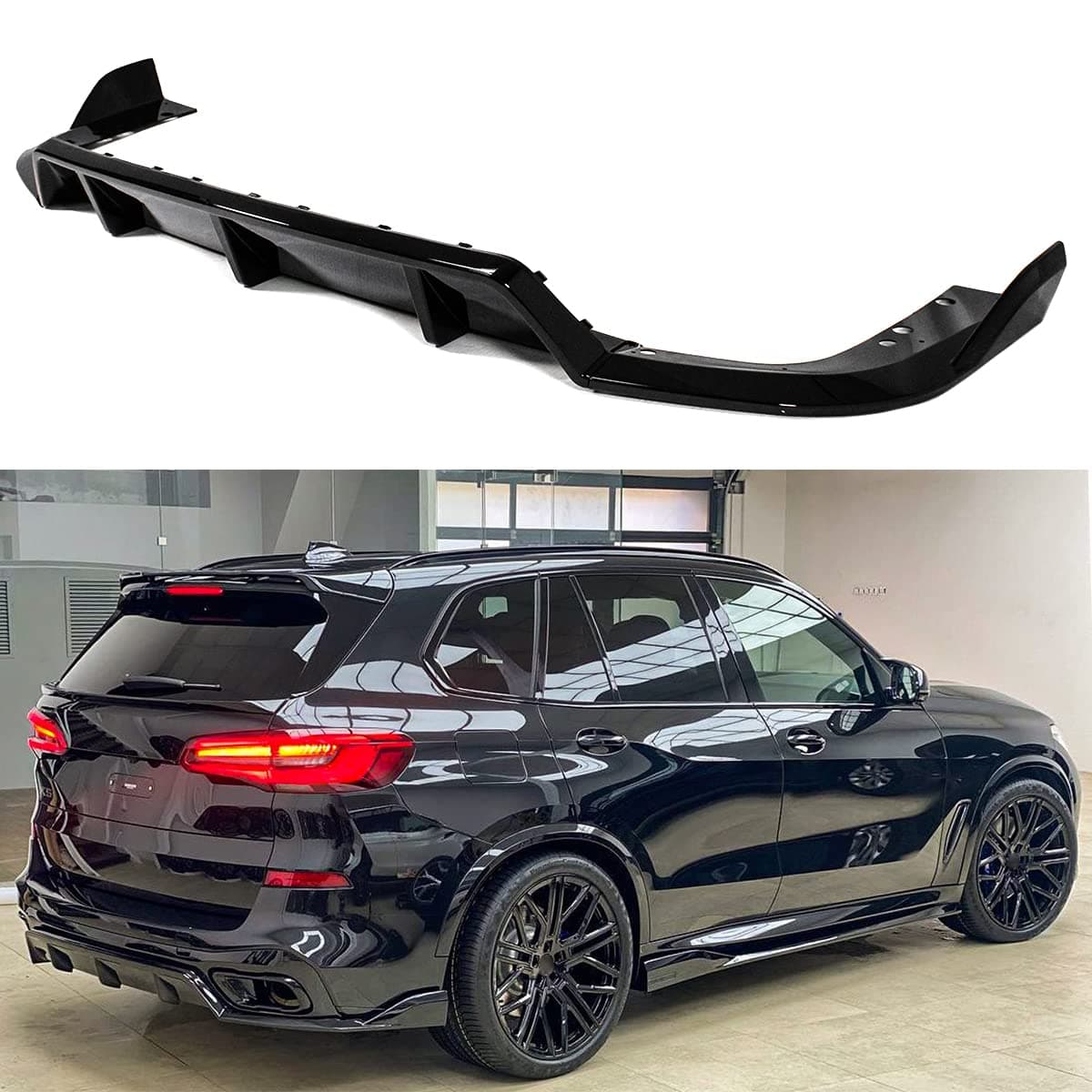 Painted Gloss Black Replacement Shark Fin Rear Bumper Diffuser with Corner Spats Extensions Compatible for 2019-2023 BMW G05 X5 M Sport