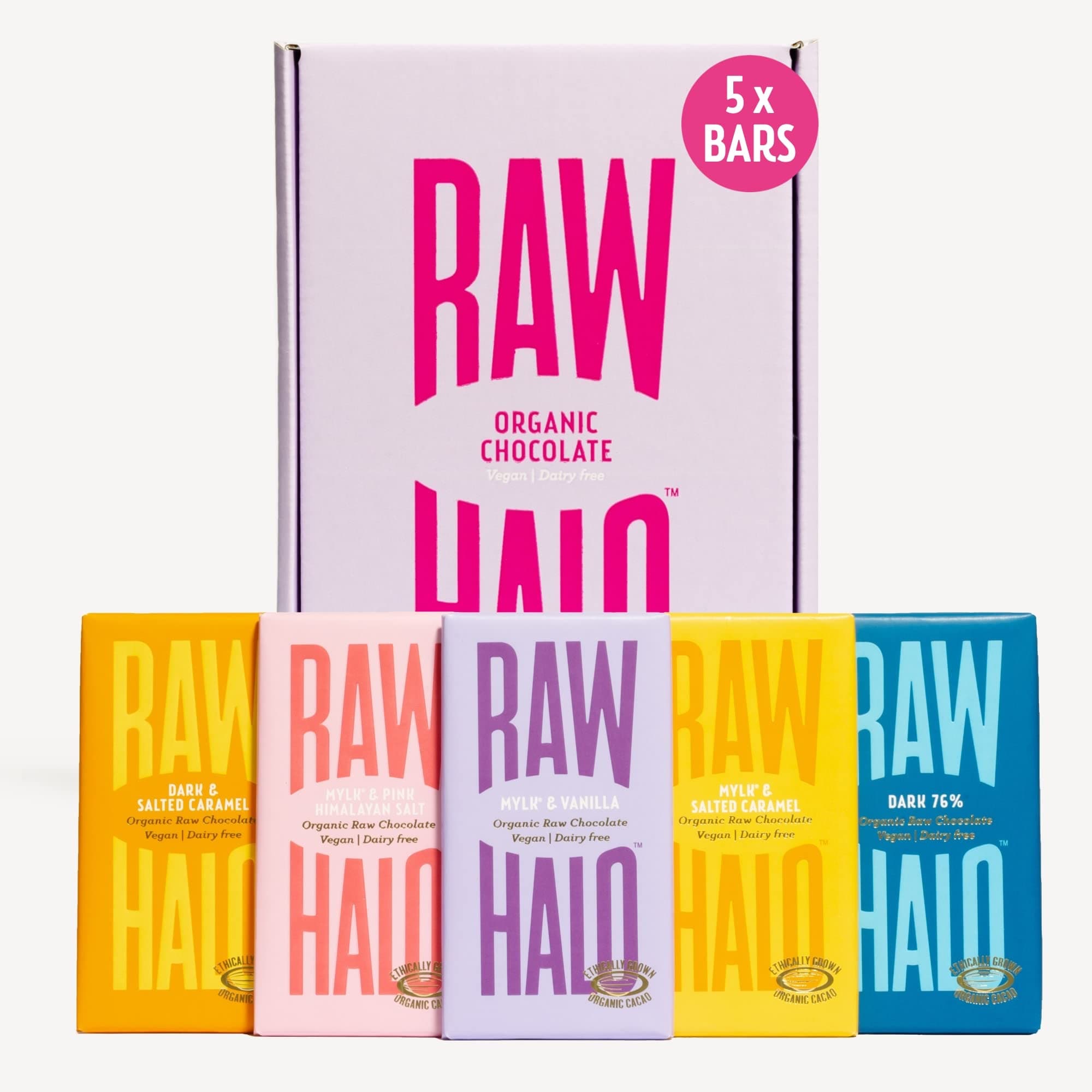 Vegan Chocolate Taster Collection - Raw Halo - Dark & Mylk Chocolate Gift Pack - 5 x 35g Bars - Organic, Dairy & Gluten Free
