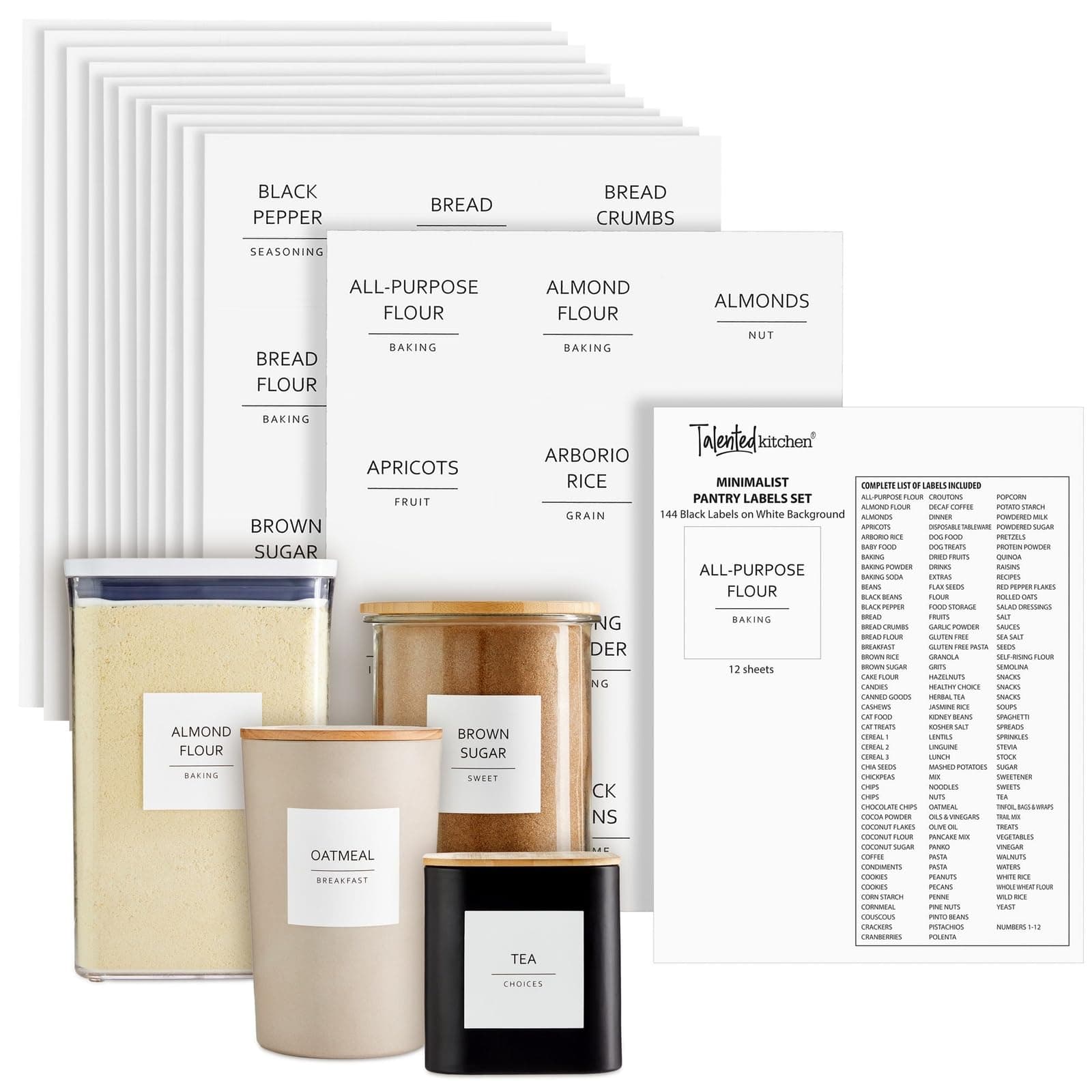 144 Pantry Labels for Containers, Food Storage - Preprinted Black All-Caps on Matte White Vinyl Stickers for Minimalist Style Kitchen (Water Resistant)