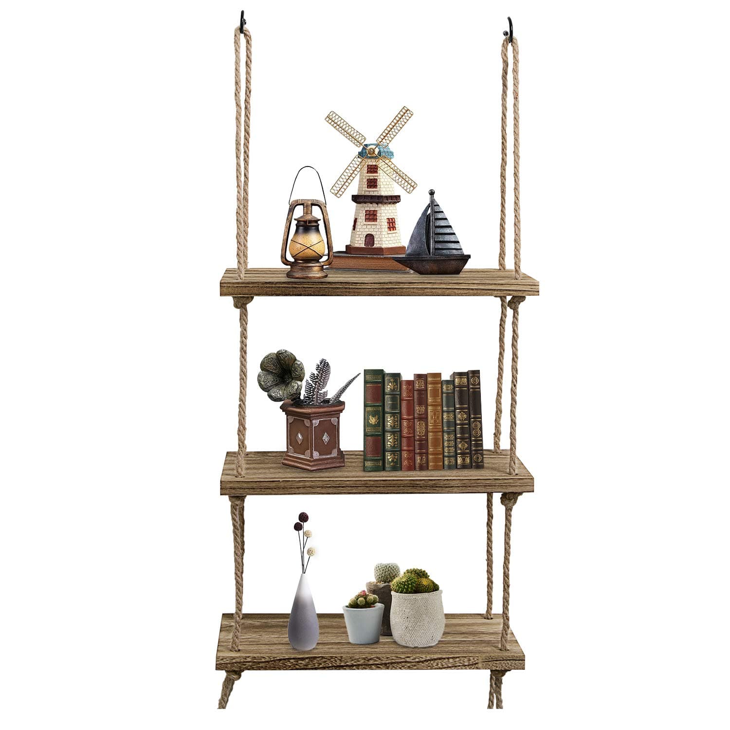 Oyydecor Wall Hanging Shelf, 3 Tier Distressed Wood Swing Storage Shelves Jute Rope Organizer Rack, Rustic Home Wall Decor (Natural)