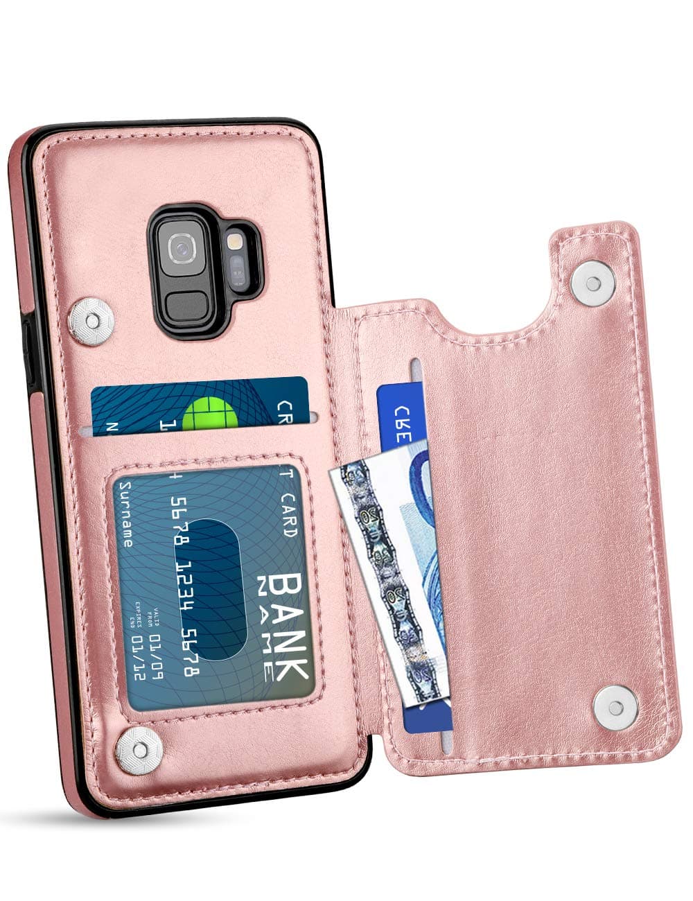 HianDier Wallet Case for Galaxy S9, Slim Protective Case with Credit Card Slot Holder Flip Folio Soft PU Leather Magnetic Closure Cover Case Compatible with Samsung Galaxy S9, Rose Gold