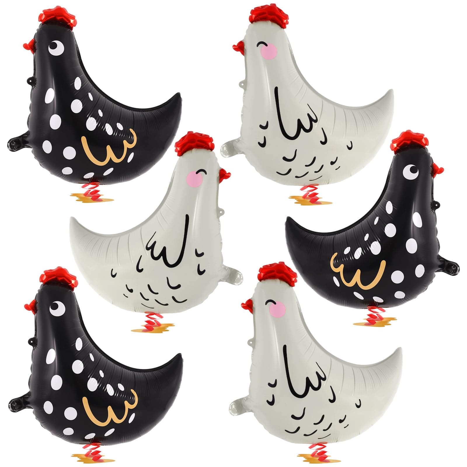 KINYFY 6 PCS Walking Chicken Balloons, Aluminum Foil Chicken Party Decorations White and Black Chicken Walking Balloons for Birthday Baby Shower Farm Animal Theme Party