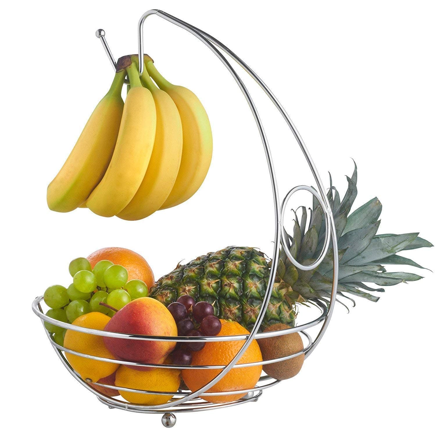 Ossian Fruit Basket with Banana Holder – Premium Chrome Home Kitchen 2 in 1 Large Wide Wire Frame Counter Display Fruit Bowl Basket with Banana Hanging Hanger Tree Hook and Round Worktop Safe Feet