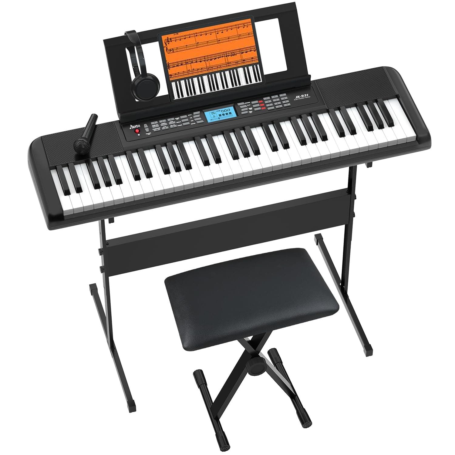 61 Key Keyboard Piano, Portable Electric Piano Keyboard with LCD Display, Built-in Speakers, Headphones, Stand, Stool, Music Rest, Microphone, 300 Timbres, 300 Rhythms,