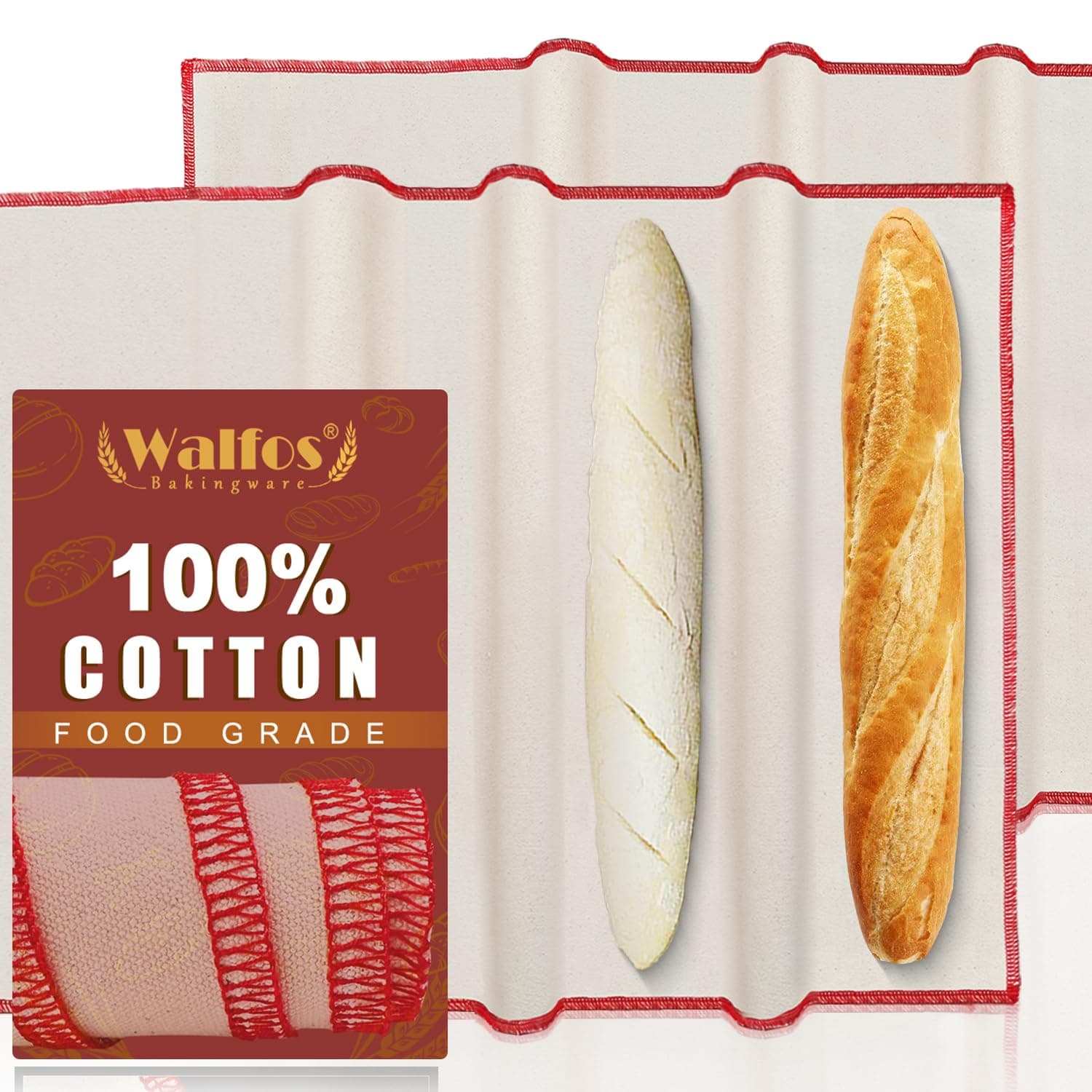Walfos Bakers Couche and Proofing Cloth, 2PCS（29" X 17" ） Cotton Fabric for Bread Dough Baking Shaping Tool for Baguettes, Loaves and Ciabatta