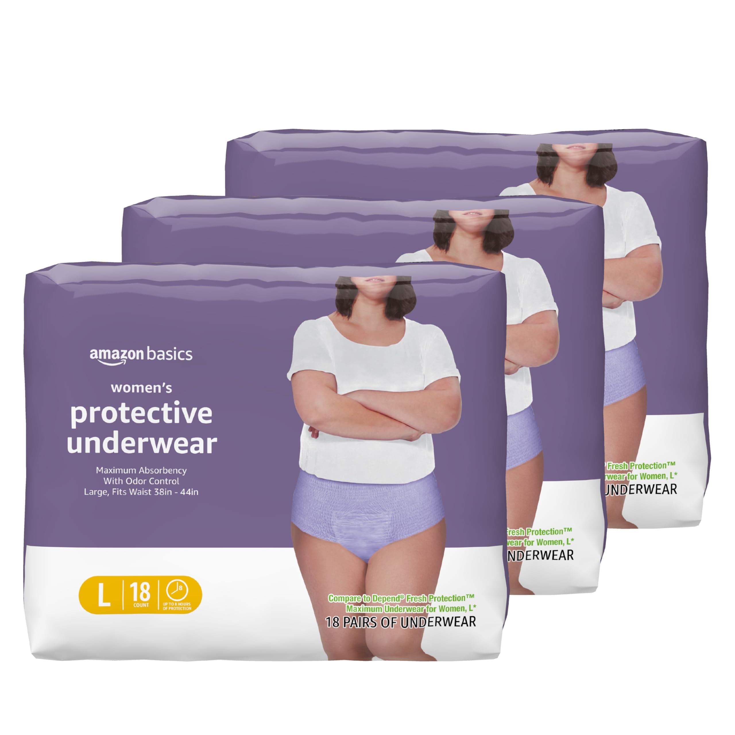 Amazon Basics Incontinence Underwear for Women, Maximum Absorbency, Fresh Protection, Postpartum, Disposable, Odor Protection, Comfortable Fit, Large, Lavender, 54 Count (3 Packs of 18)