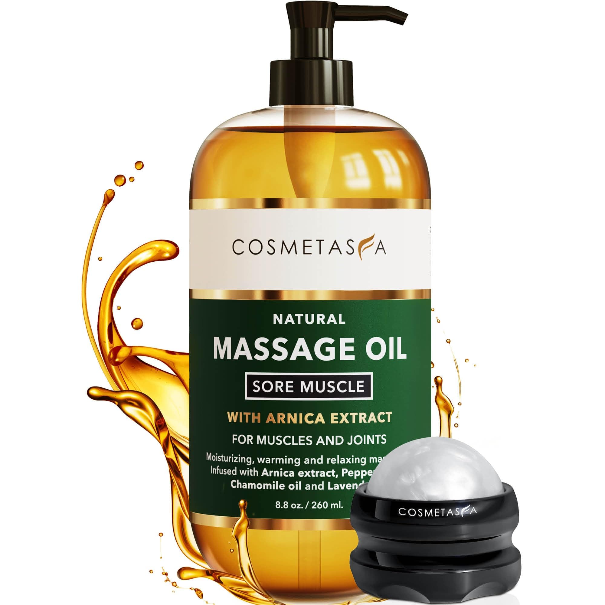 Cosmetasa Sore Muscle Massage Oil with Massage Ball Roller - Soothes Muscle and Joint Pain with Arnica Extract, Peppermint, Chamomile, and Lavender Oil