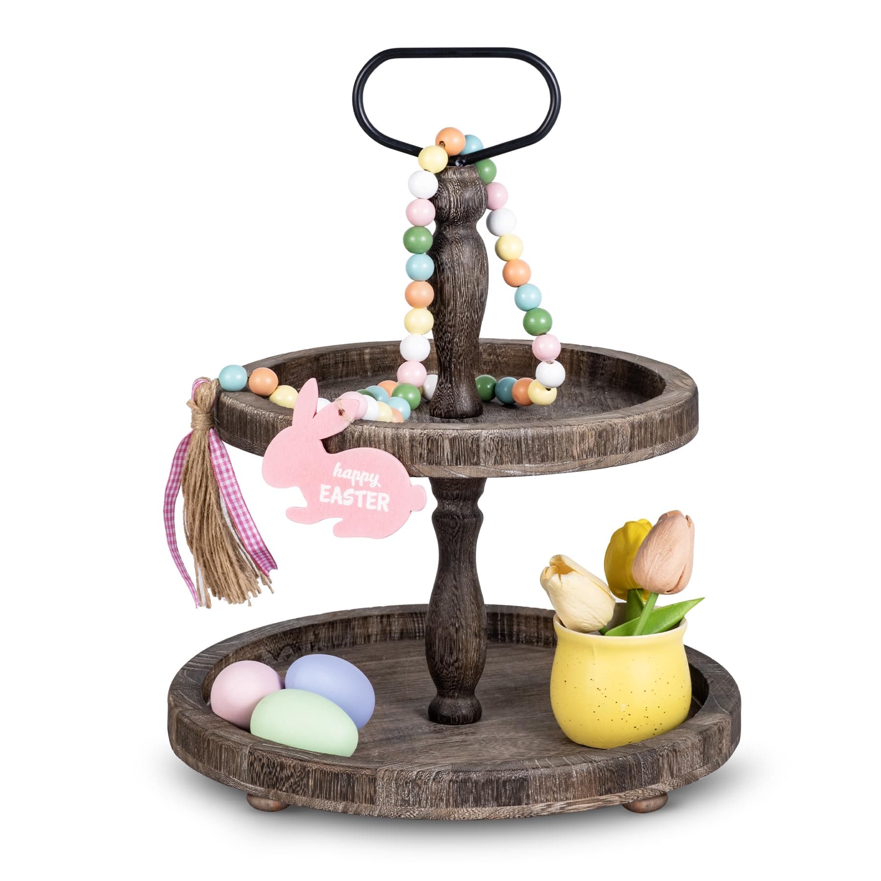 Mustry Rustic Wooden 2 Tiered Tray, Round Farmhouse Kitchen Table Decor Serving Tier Tray, Food Fruits Cupcake Display Coffee Bar Home Party Seasonal Decorations (Brown)