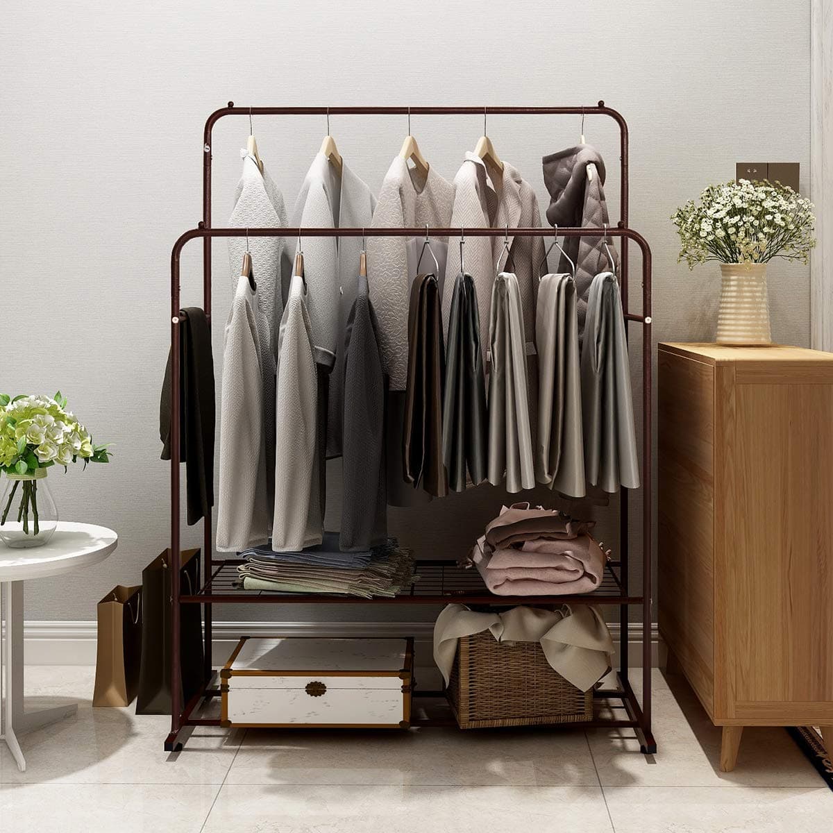 HOMERECOMMEND Metal Clothes Rails 2 Tier Garment Rack Indoor Free Standing Clothing Racks Heavy Duty Steel Slats Holder Storage Rod Stick for Shoes Bags (Brown Color)