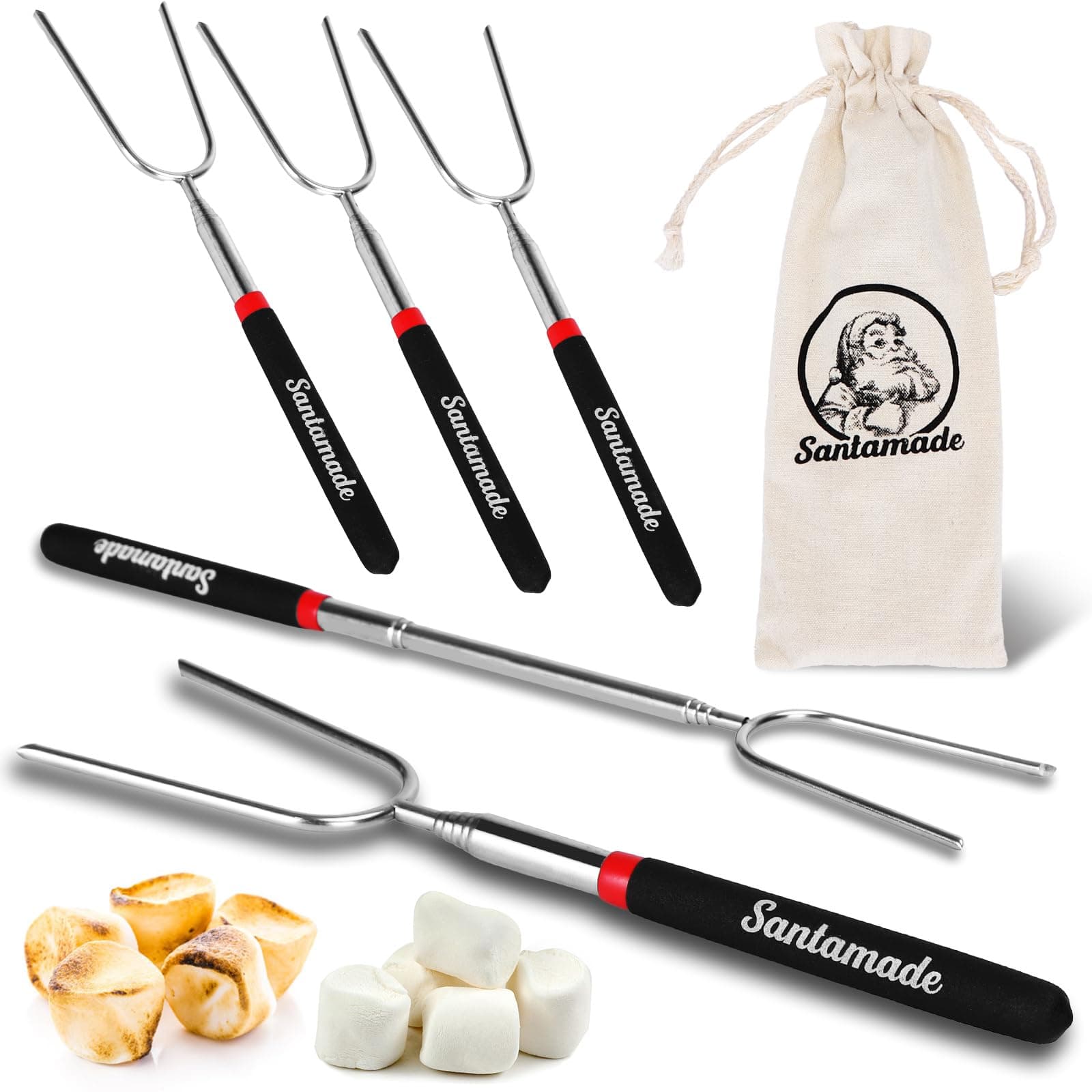 Marshmallow Roasting Sticks Set of 5 -Telescoping Long Smores Sticks for Fire Pit, Hot Dog Sticks for Campfire Grill Bonfire Party Supplies -With Santa Storage Sack