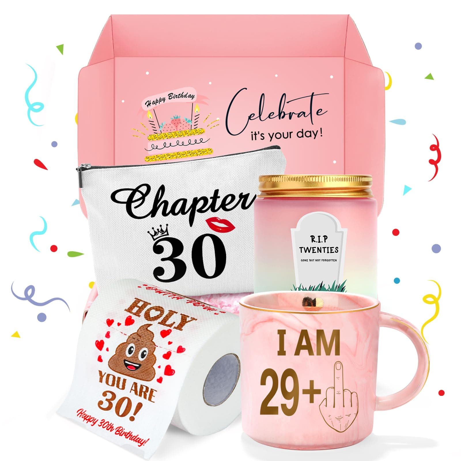 30th Birthday Gifts for Women 30 Year Old Birthday Gifts for Women Dirty Thirty Decoration for Her Gift Ideas for Woman 30s Funny Gift for 30 Year Old Woman - Coffee Mug Makeup Bag Candle Toilet Paper