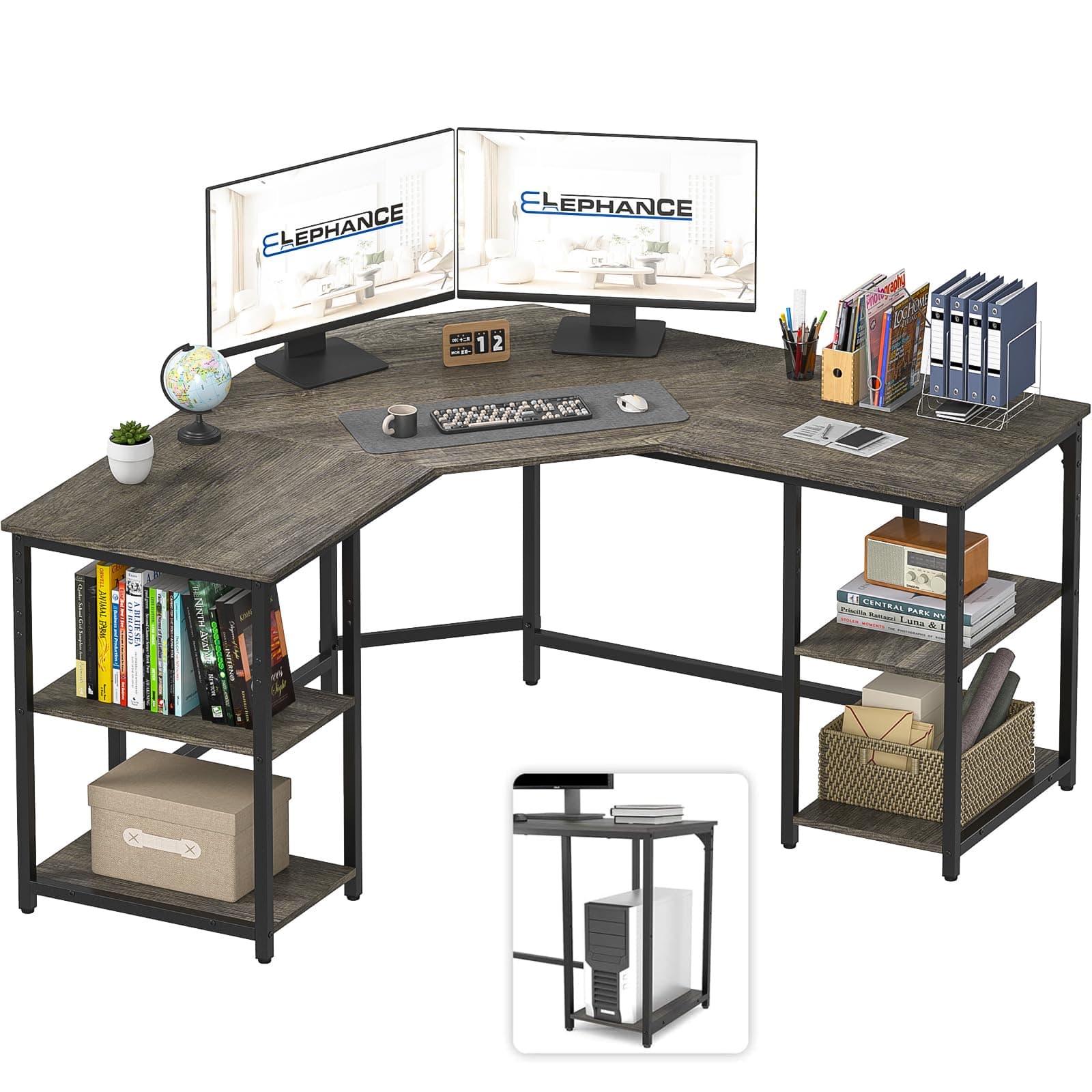 Elephance Large L-Shaped Computer Desk with Shelves, Corner Desk, Home Office Writing Workstation, Gaming Desk PC Latop Table with Storage