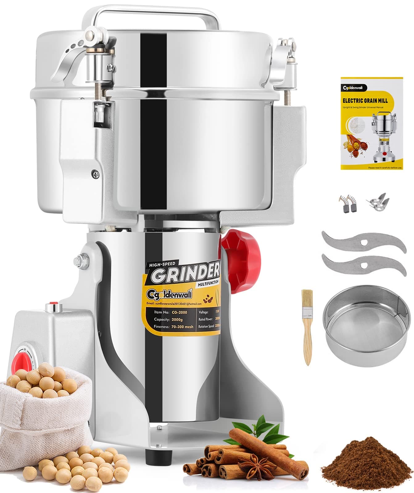 – 2000g Superfine Grain Mill Electric Stainless Steel Spice Grinder Open-Cover-Stop for Dry Cereal/Herb/Coffee 3000W Powerful Motor, 32000RPM Speed with Overload Protection
