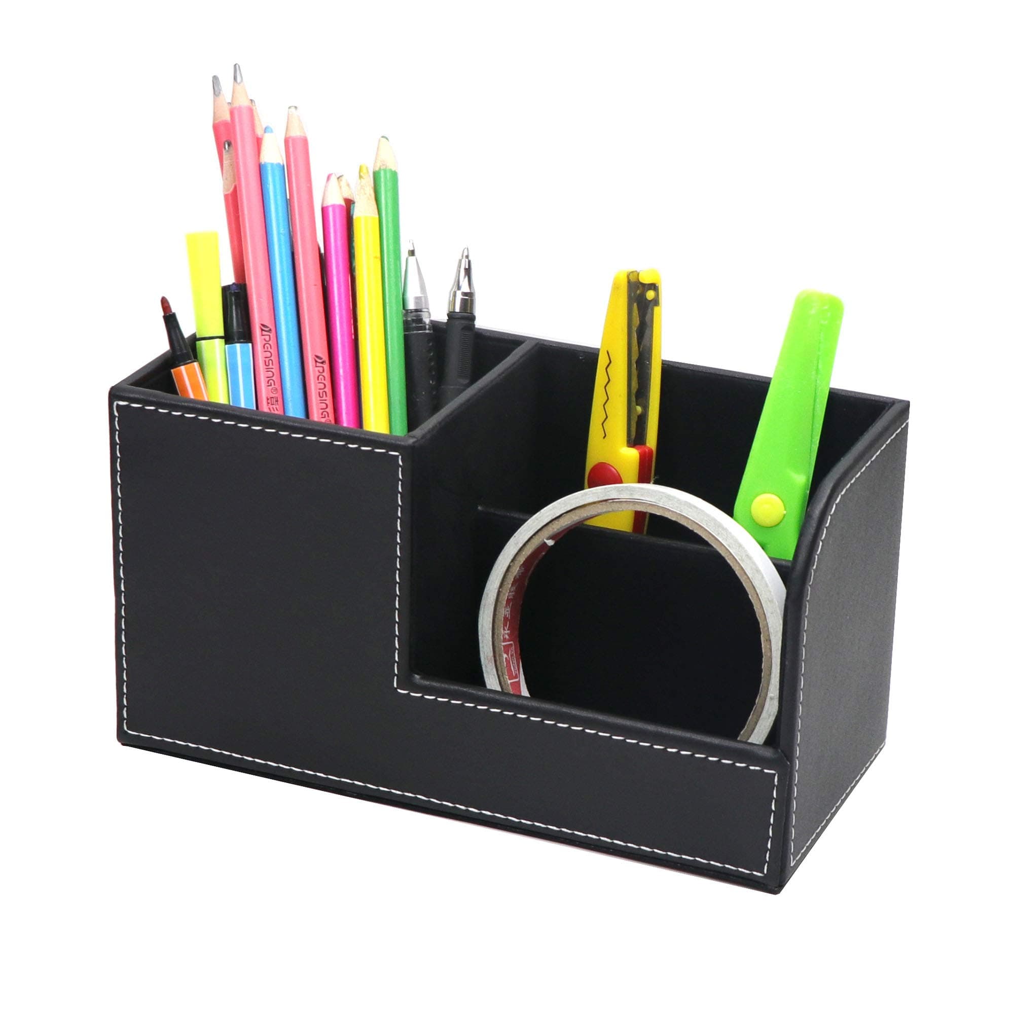 Homeanda Multifunctional desk organiser, 3 storage compartments, pen holder, PU leather pen holder (Black)