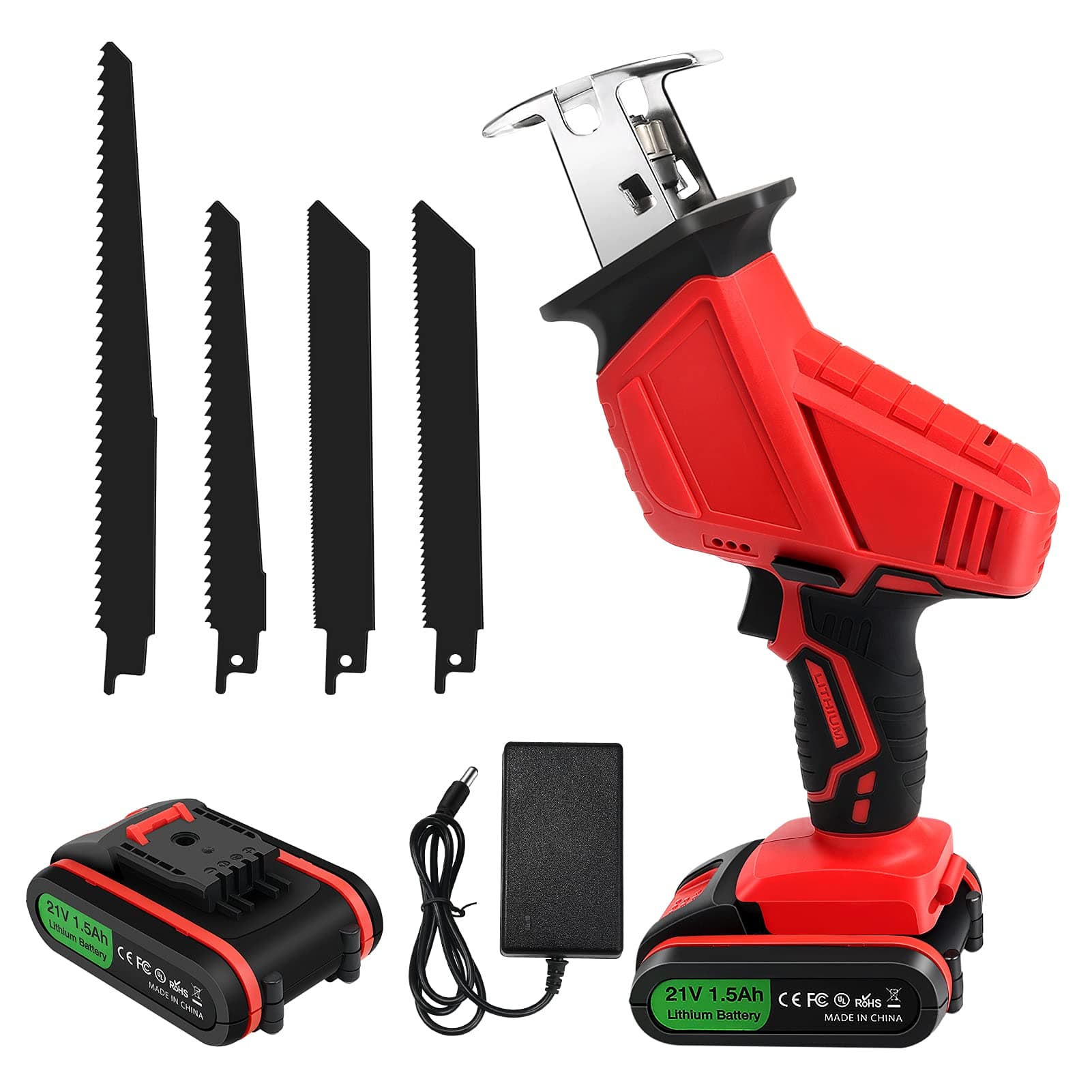 Reciprocating Saw, 21V Cordless Battery Powered Reciprocating Saw, 4 PCS Saw Blades, Variable Speed, Electric Saw for Metal Wood PVC Pipe Cutting and Tree Pruning (1 Batterie)