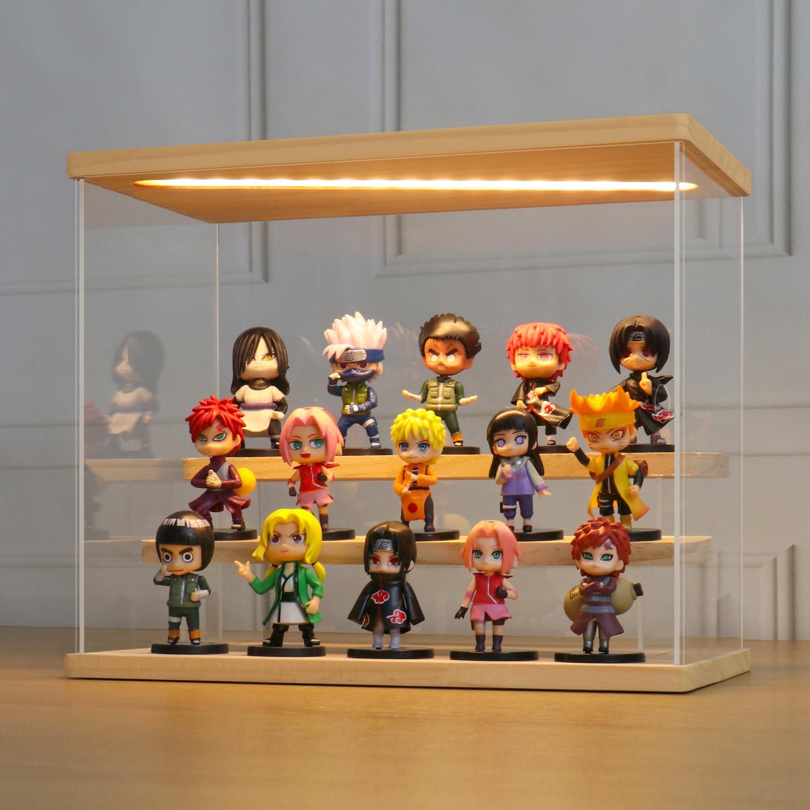 LANSCOERY LED Lighted Acrylic Display Case, 3 Tier Display Box for Collectibles and Action Figures, Clear Dustproof Organizer with Wooden Base – 11.8x6.3x9.4inch