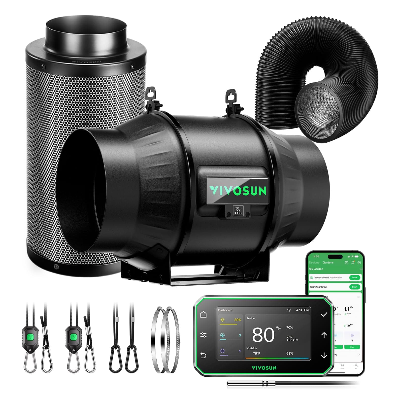VIVOSUN Smart Air Filtration PRO T6 Kit 6", AeroZesh T6 Inline Duct Fan w/GrowHub E42A+ Temp. Humidity WiFi-Controller, Carbon Filter & Ducting, Cooling & Ventilation System for Grow Tent, Hydroponics