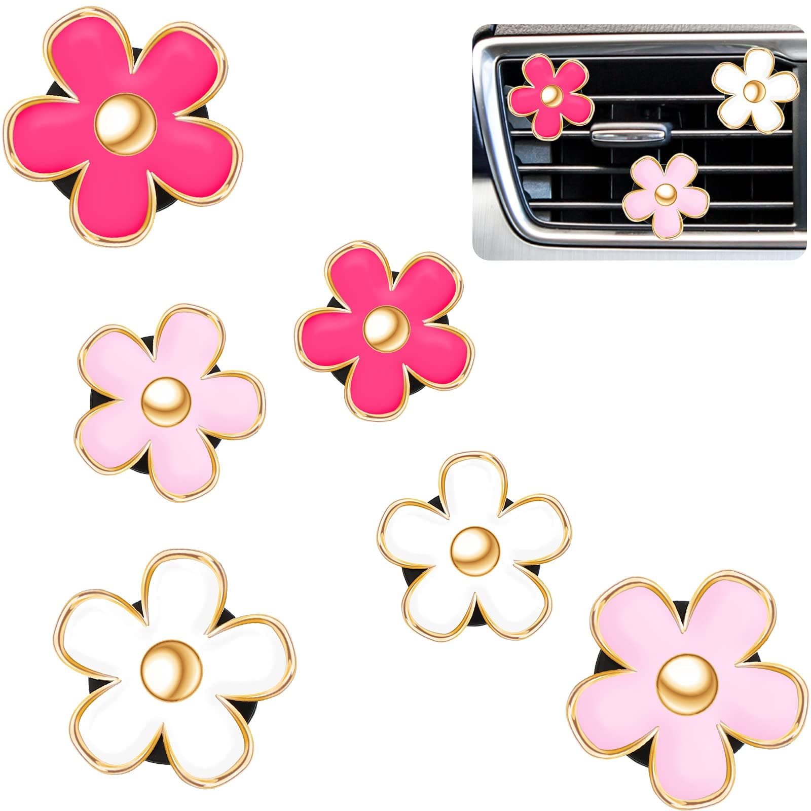 Frienda 6 Pcs Daisy Flower Air Vent Clip Accessories Air Conditioning Outlet Clip Car Air Freshener Dashboard Accessories Charm Car Inter Decor(3 cm, 3.3 cm,Red, Pink, White)