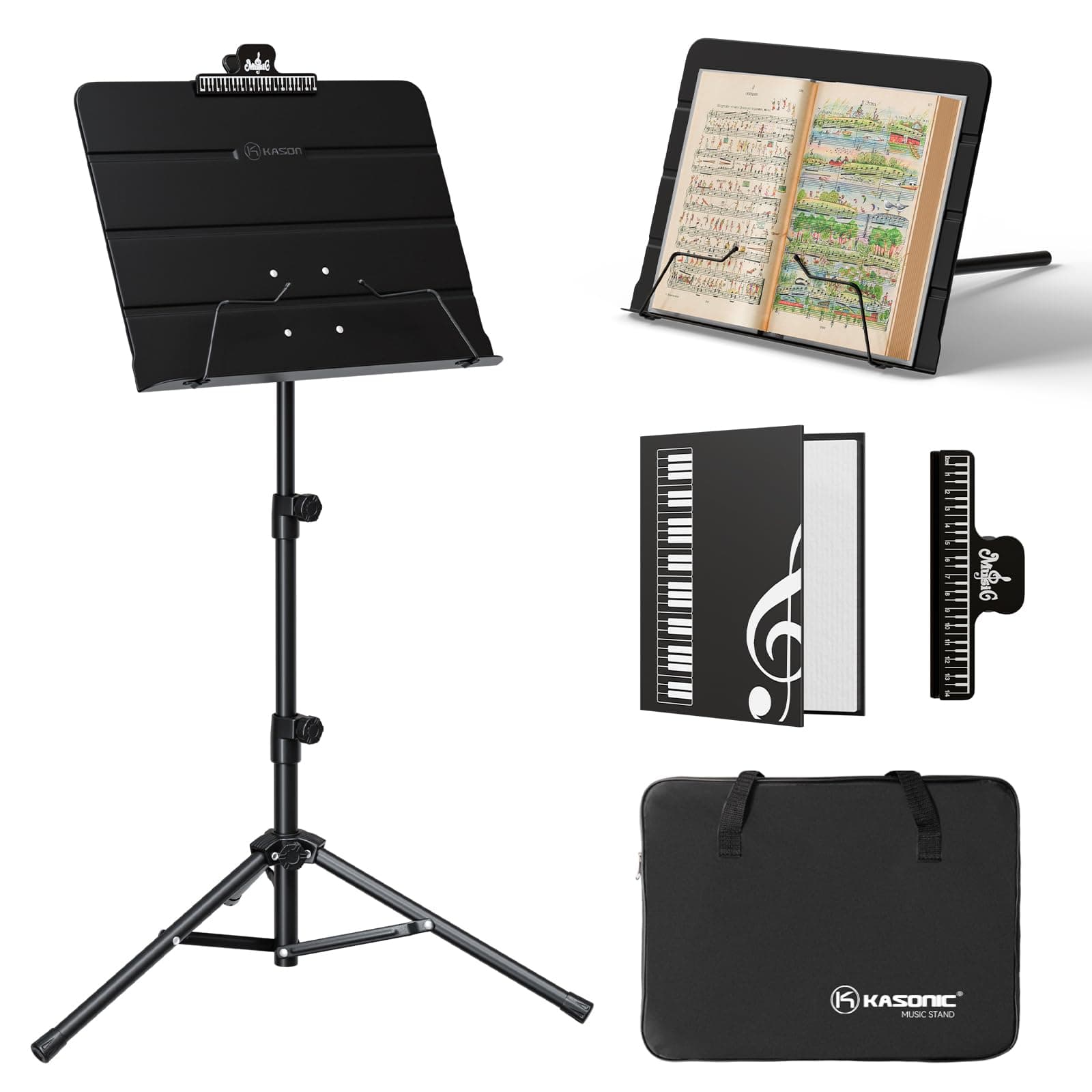 - K KASONIC - Dual-Use Folding Sheet Music Stand & Desktop Book Stand with Portable Carrying Bag, Sheet Music Folder & Clip Holder (Black)