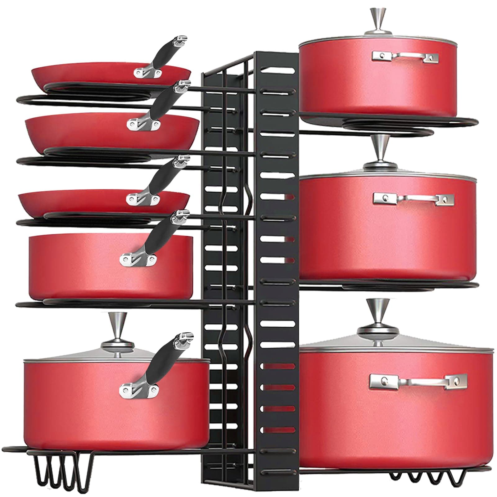 Gaoyu Pan Organizer Rack for Cabinet Pot Rack with 3 Diy Methods Adjustable Pot and Pan Organizer with 8 Tiers Pot Lid Organizer Holder Metal Heavy Duty Pot Organizer for Kitchen Counter and Cabinet