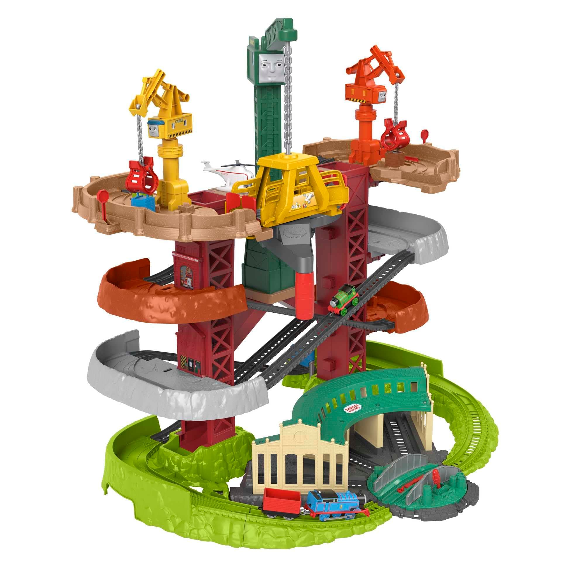 Thomas & Friends Multi-Level Track Set Trains & Cranes Super Tower with Thomas & Percy Engines plus Harold for Preschool Kids Ages 3+ Years, GXH09