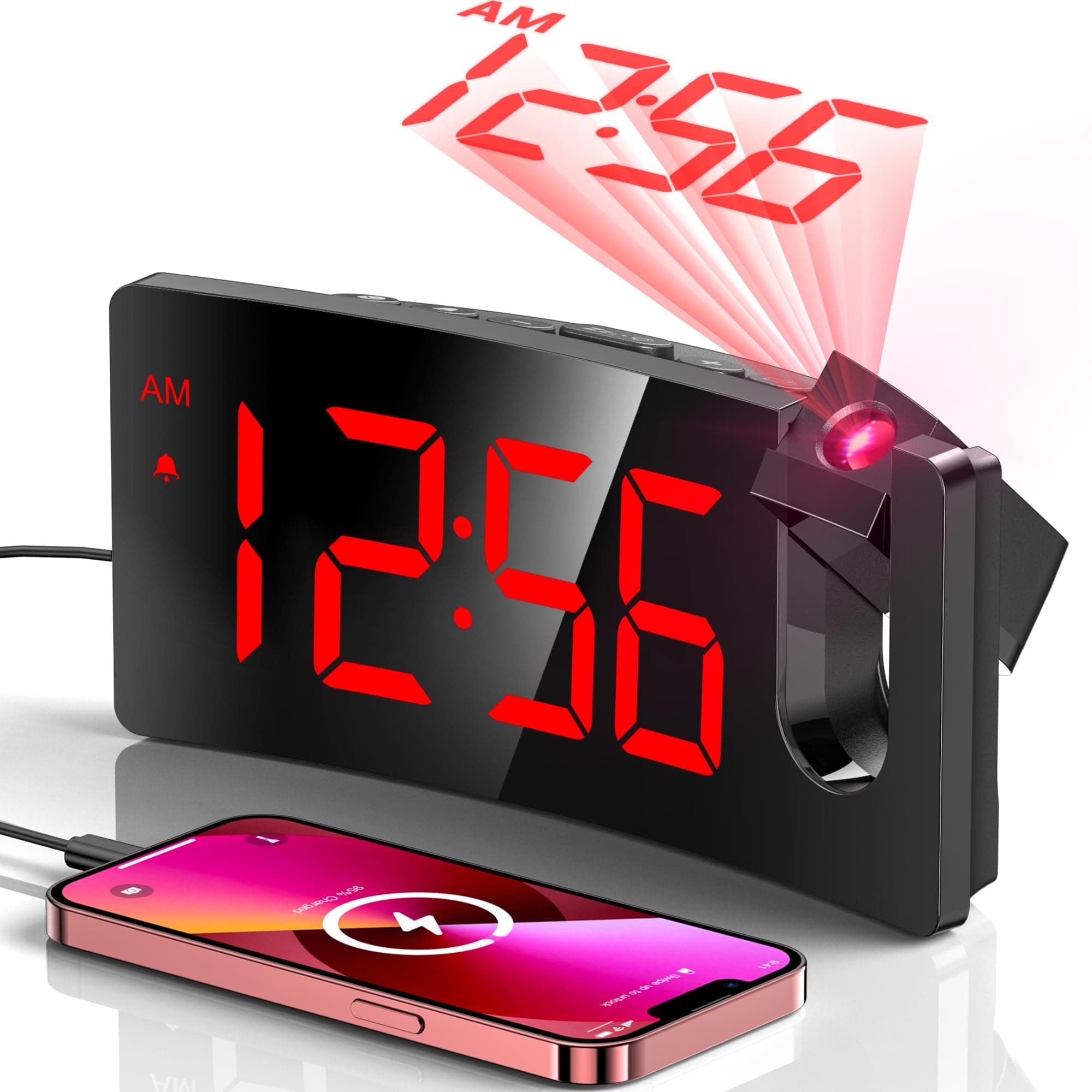 GOLOZA Projection Alarm Clock, Digital Clock with Modern Curved Design 180Β° Rotatable Projector, 3-Level Brightness Dimmer, Clear Red LED Display, Progressive Volume, 9mins Snooze,12/24H, for Bedroom