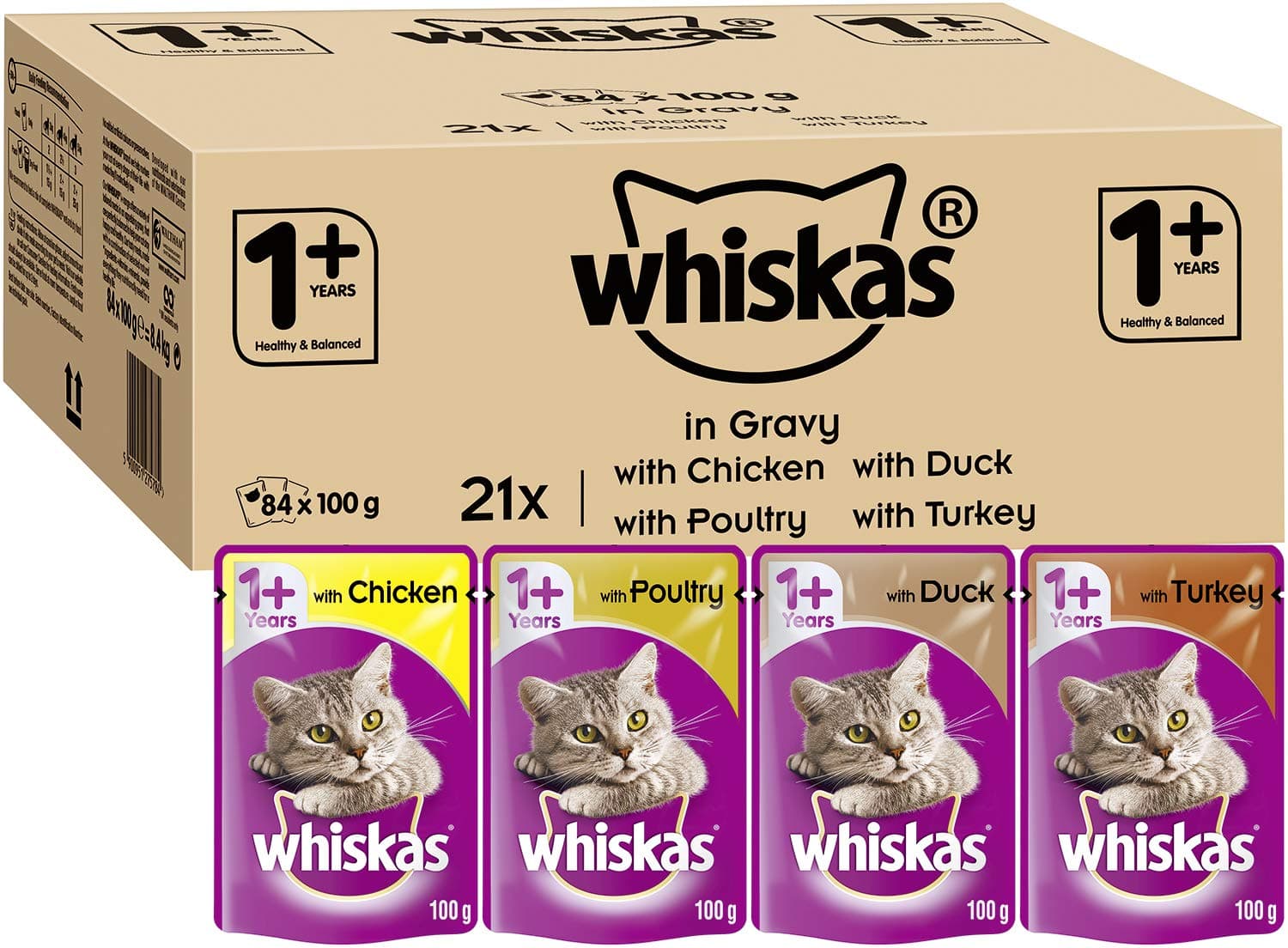 wet pouches, delicious and tasty mixed selection in gravy, suitable for adult cats aged 1+, megapack (84 x 100 g)
