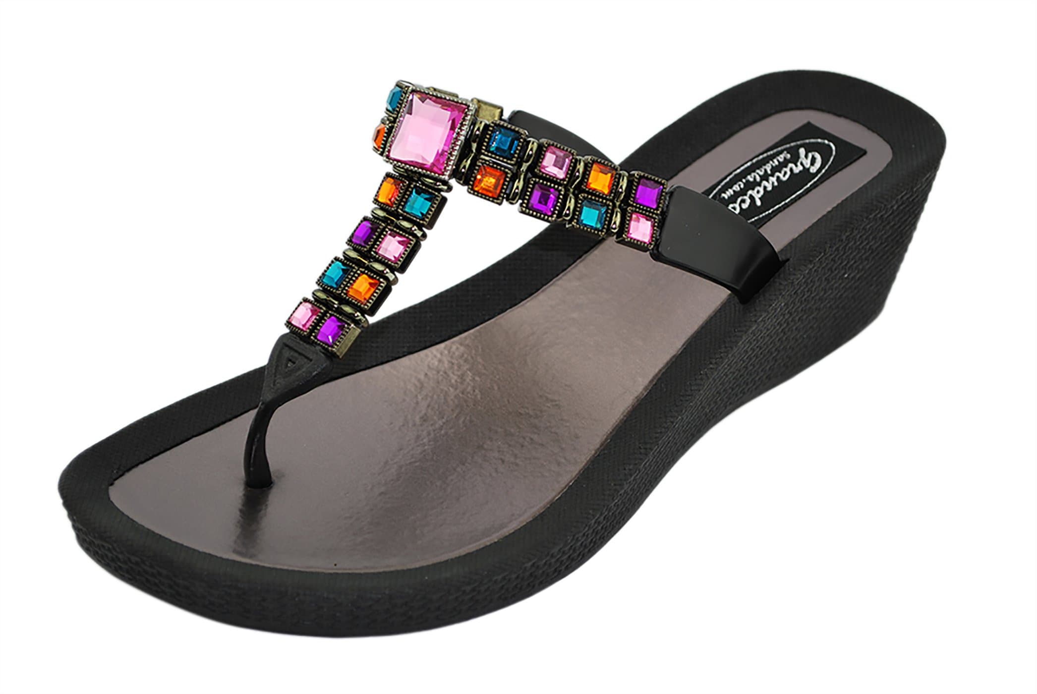 Grandco Womens Brilliance Wedge Thong Flip Flop Sandals (11, Black)