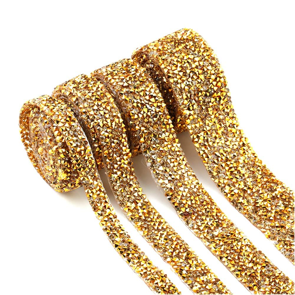 Dowarm 3 Yards Rhinestone Ribbon, Rhinestone Ribbon Roll, Bling Hotfix Rhinestones Mesh Wrap, Sewing Rhinestone Trim for Wedding Party Decoration (Gold, 1.0CM / 0.39inch Width)
