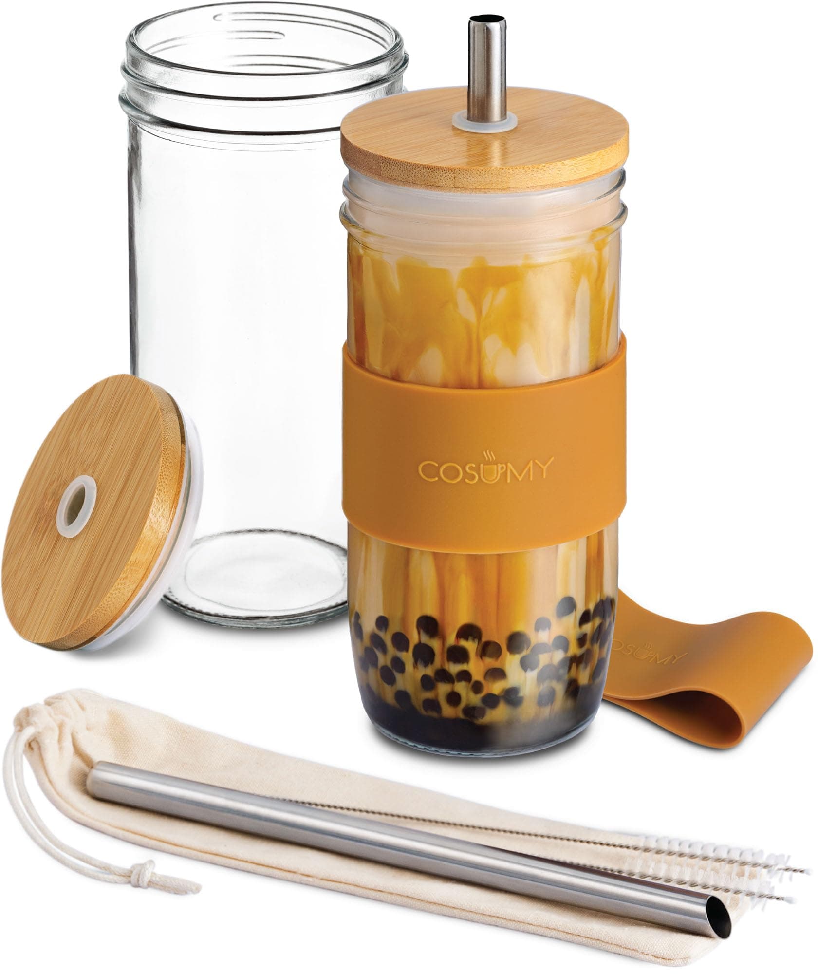 CosumyBubble Tea Mug with Straw and Bamboo Lid - Set of 2 Glass Cups - 720 ml - Reusable - Dishwasher Safe