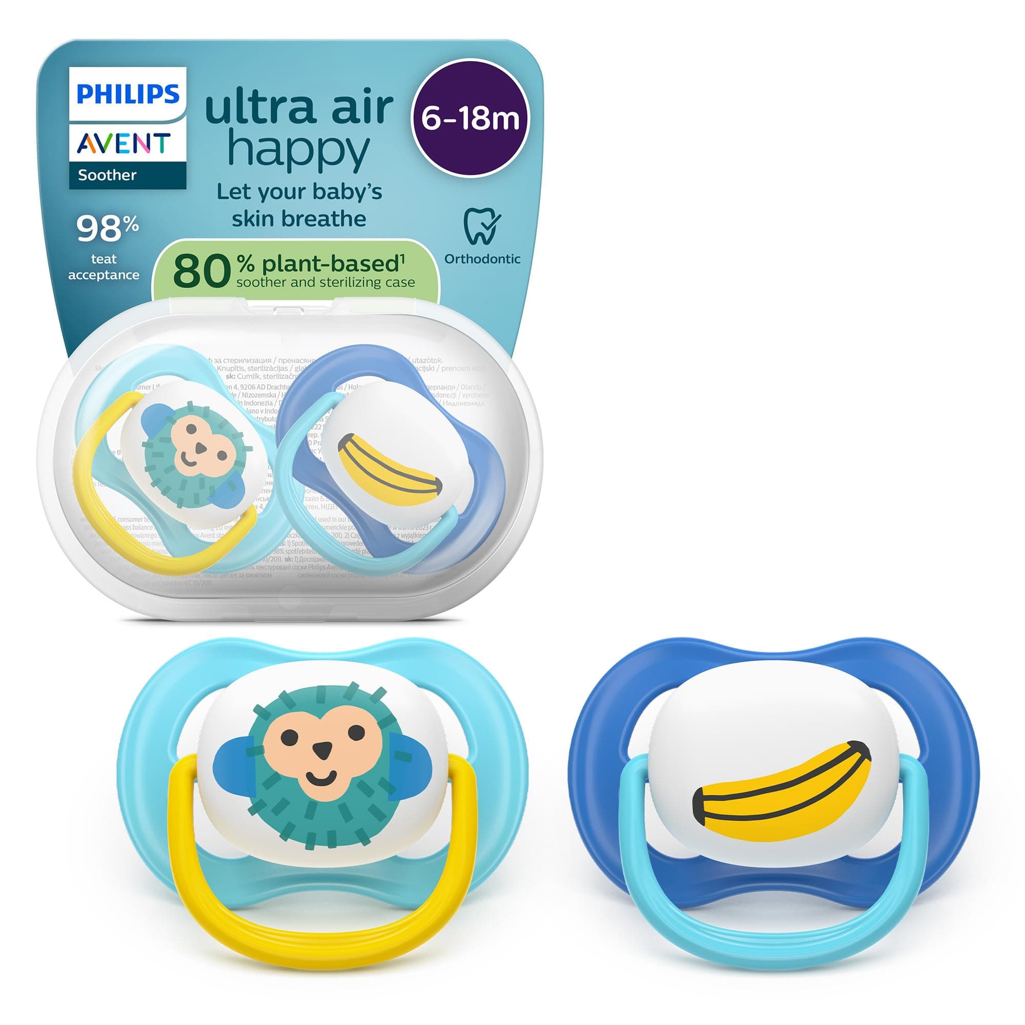 Philips Avent Ultra Air Soothers - Orthodontic Design, for Babies 6-18 Months, Soft Silicone Symmetrical Teat, BPA-Free, with Sterilizing Case, 2 Pack, SCF080/26