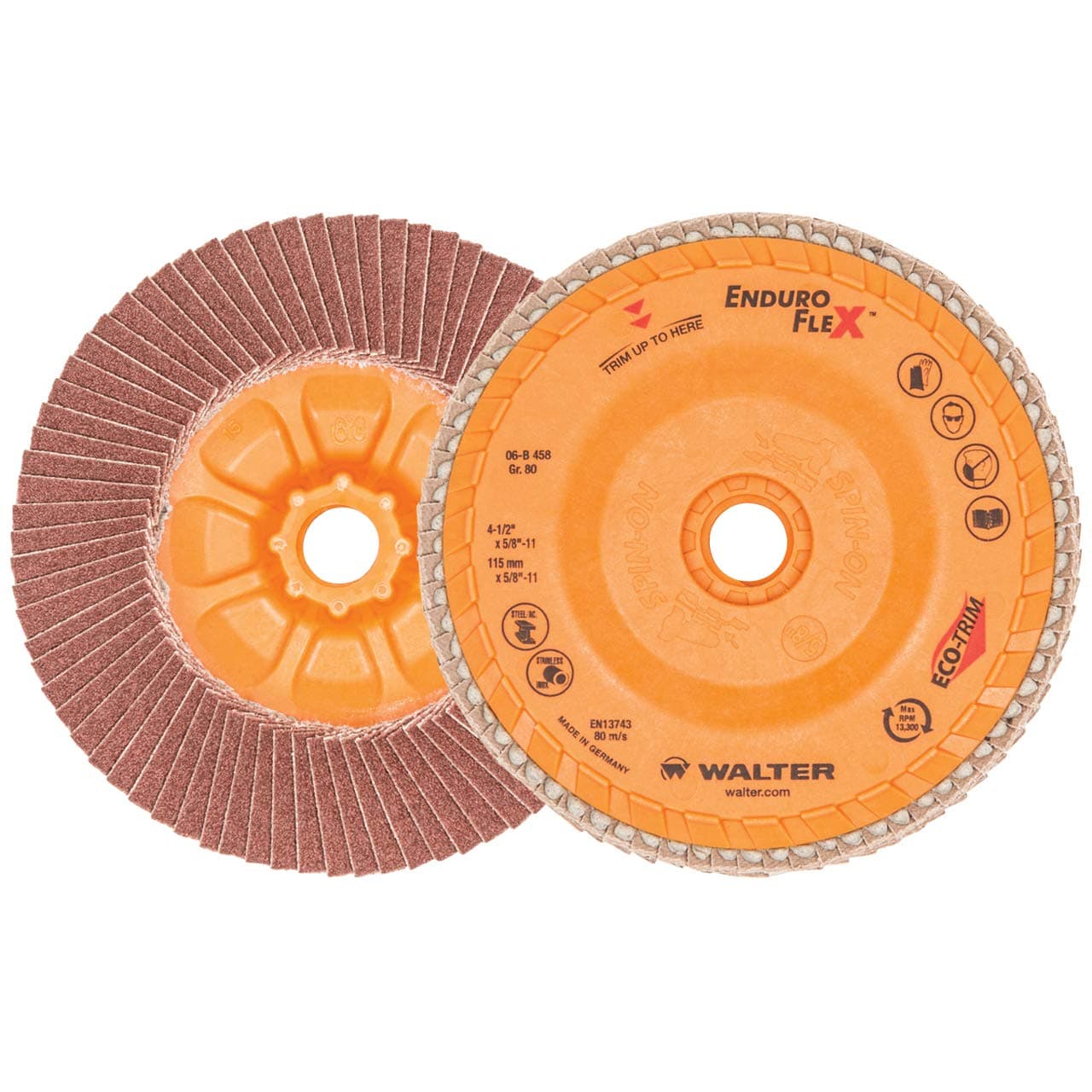 Walter 06B458 4-1/2x5/8-11 Enduro-Flex Spin-On Flap Discs with Eco-Trim Backing 80 Grit Type 27S, 10 Pack