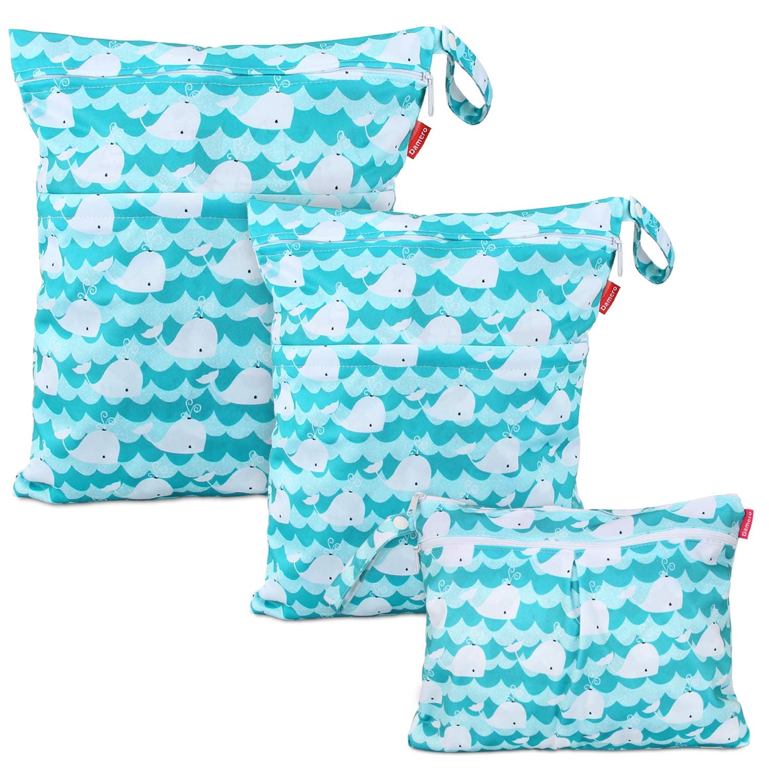 Damero 3 pcs Baby Wet Dry Cloth Diaper Bag, Reusable Wet Dry Nappy Bag, Travel Diaper Organiser Bag for Baby's Nappies, Dirty Clothes and More (Cute Whale)