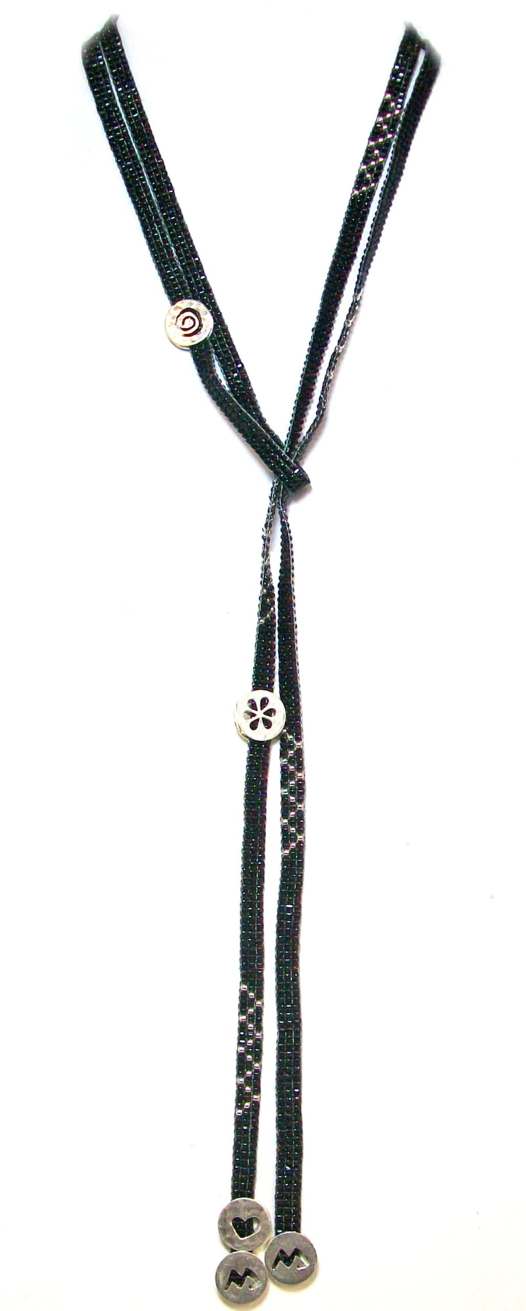 Mishky "Sliding Coins" Silver Plated Beaded Lariat Necklace With Black and Metallic Glass Seed Beads