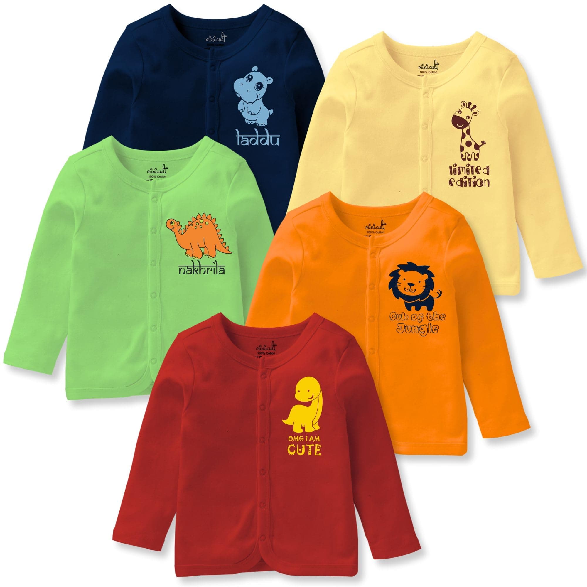 minicult Cotton Unisex Front Open Full Sleeve T-Shirt with snap Buttons and Cute Prints Combo Pack