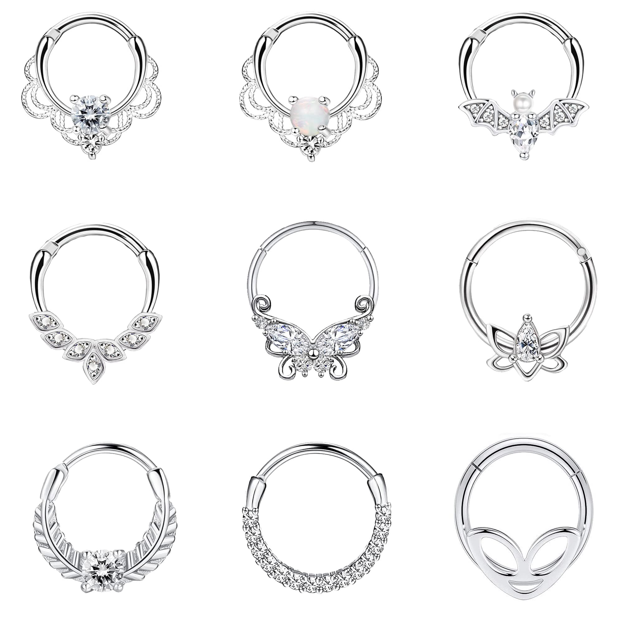 Staligue9Pcs 16G Septum Clicker Rings Stainless Steel Hoop Hinged Segment CZ Opal Nose Rings for Women Cartilage Tragus Hoop Helix Daith Earrings Nose Piercing Jewelry 8MM
