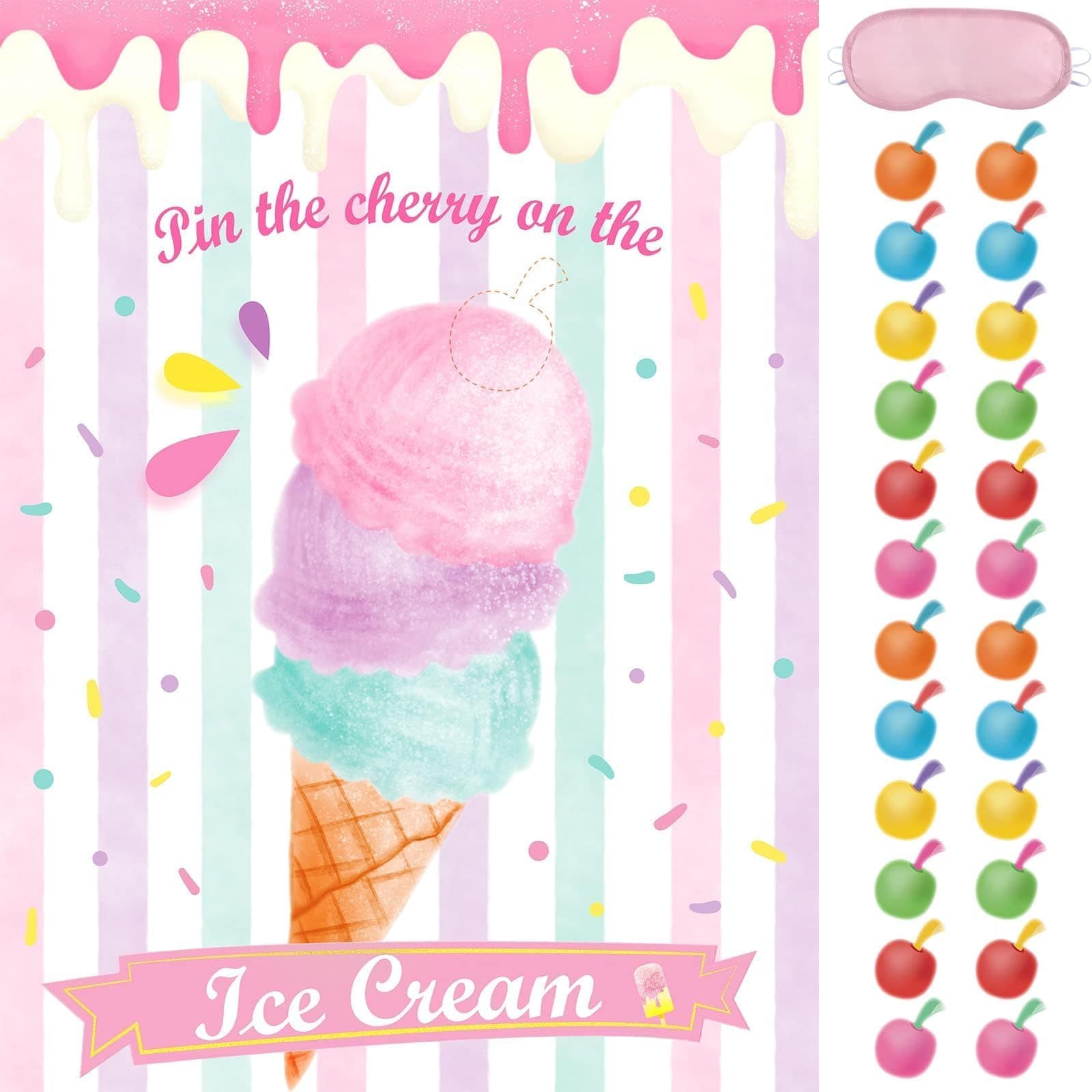 – WERNNSAI Pin the Cherry on the Ice Cream Game - 53cm x 72cm Ice Cream Party Supplies for Kids Girls with 24 PCS Cherry Stickers Birthday Party Game Poster Wall Decor