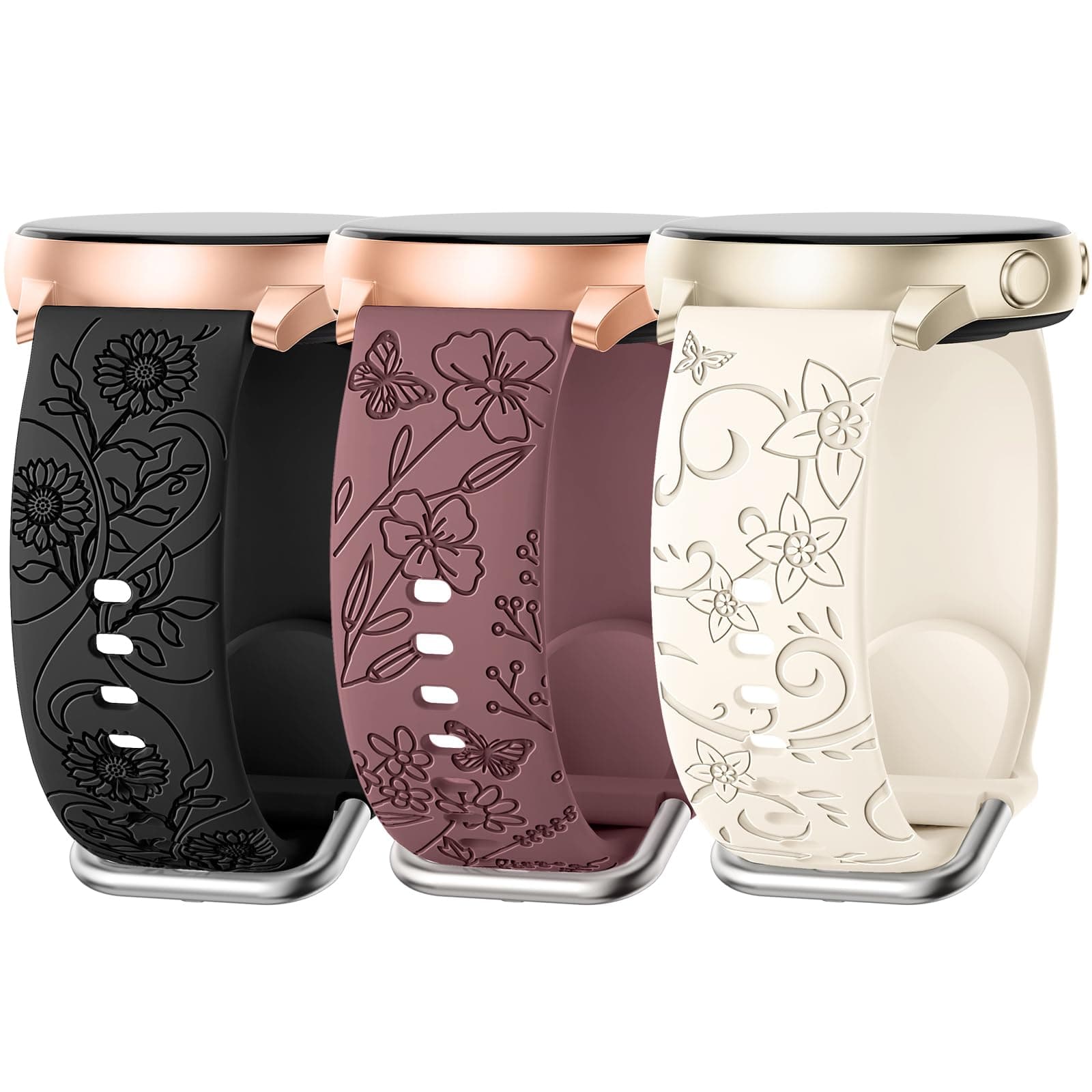 3 Pack Flower Engraved Bands Compatible with Samsung Galaxy Watch 7 6 5 4 FE Active 2 40mm 44mm,Watch 6 4 Classic 42mm 43mm 46mm 47mm,5 Pro 45mm,Watch 3 41mm,20mm Women Silicone Replacement Sport Band