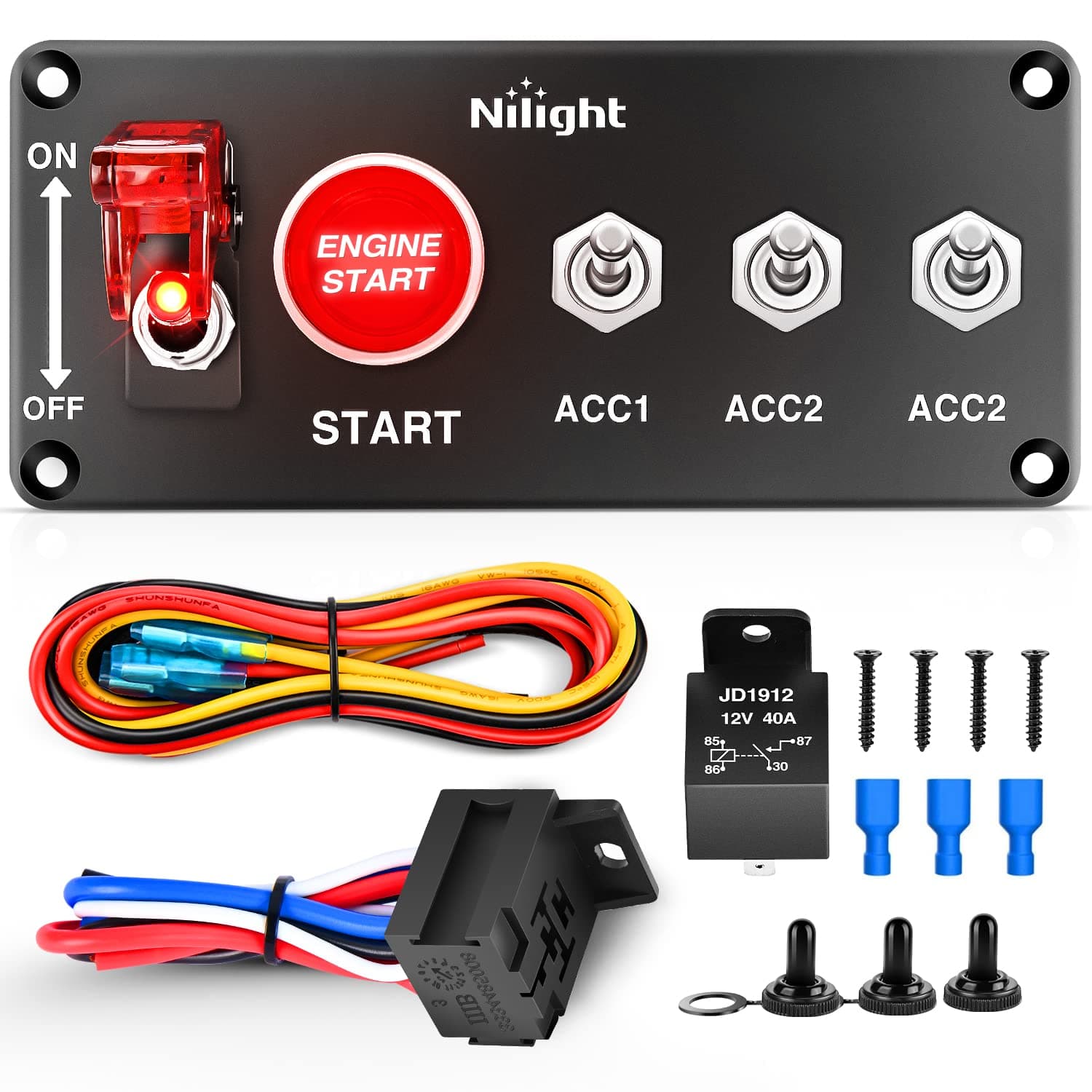 Nilight 12V Racing Car Ignition Switch Panel Engine Start Push Button LED Toggle Switch Panel Relay Wiring Harness for Racing Car Truck, 2 Years Warranty
