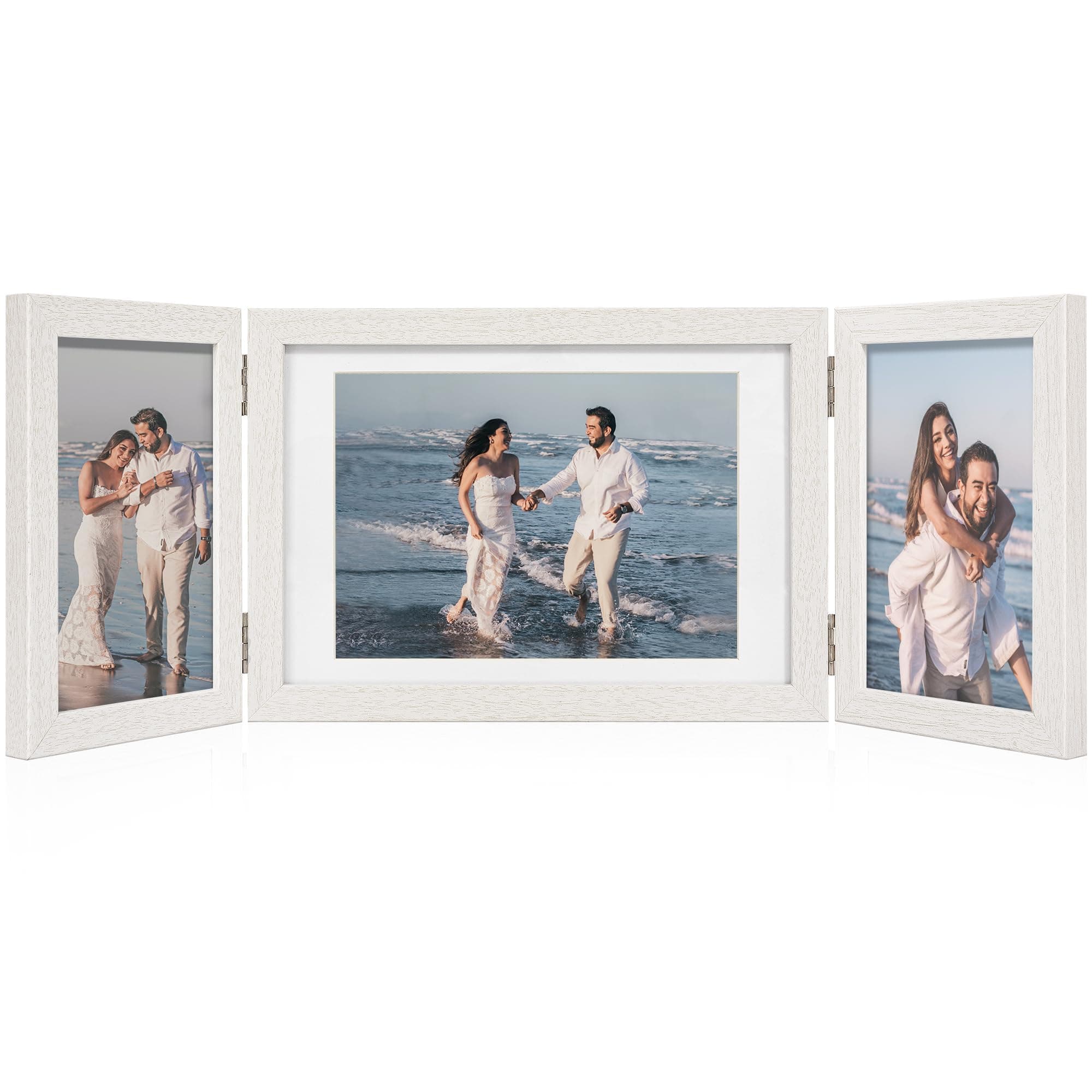 Afuly 3 Picture Frame 5x7 4x6 Triple Hinged Picture Frames White Folding Photo Frames Collage 3 Opening for Tabletop Desk Display Unique Gifts for Christmas Women Mom Couple Family, 2 * 4x6+1 * 5x7