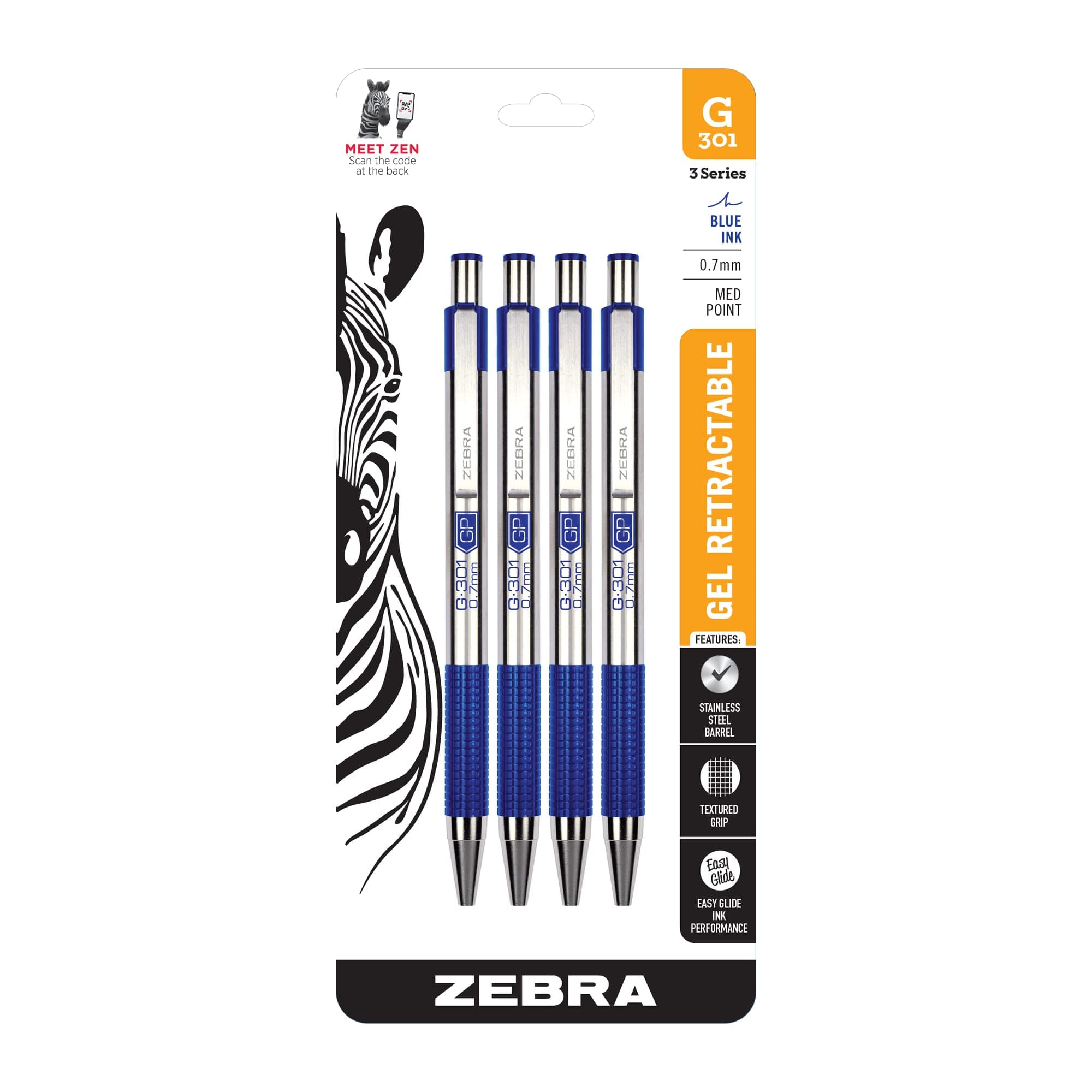 G-301 Retractable Gel Pen, 0.7mm Medium Point, Stainless Steel Barrel, Textured Grip, Easy Glide Ink Provides a Smooth and Skipless Writing Experience, Blue Ink, 4-Pack (41324)