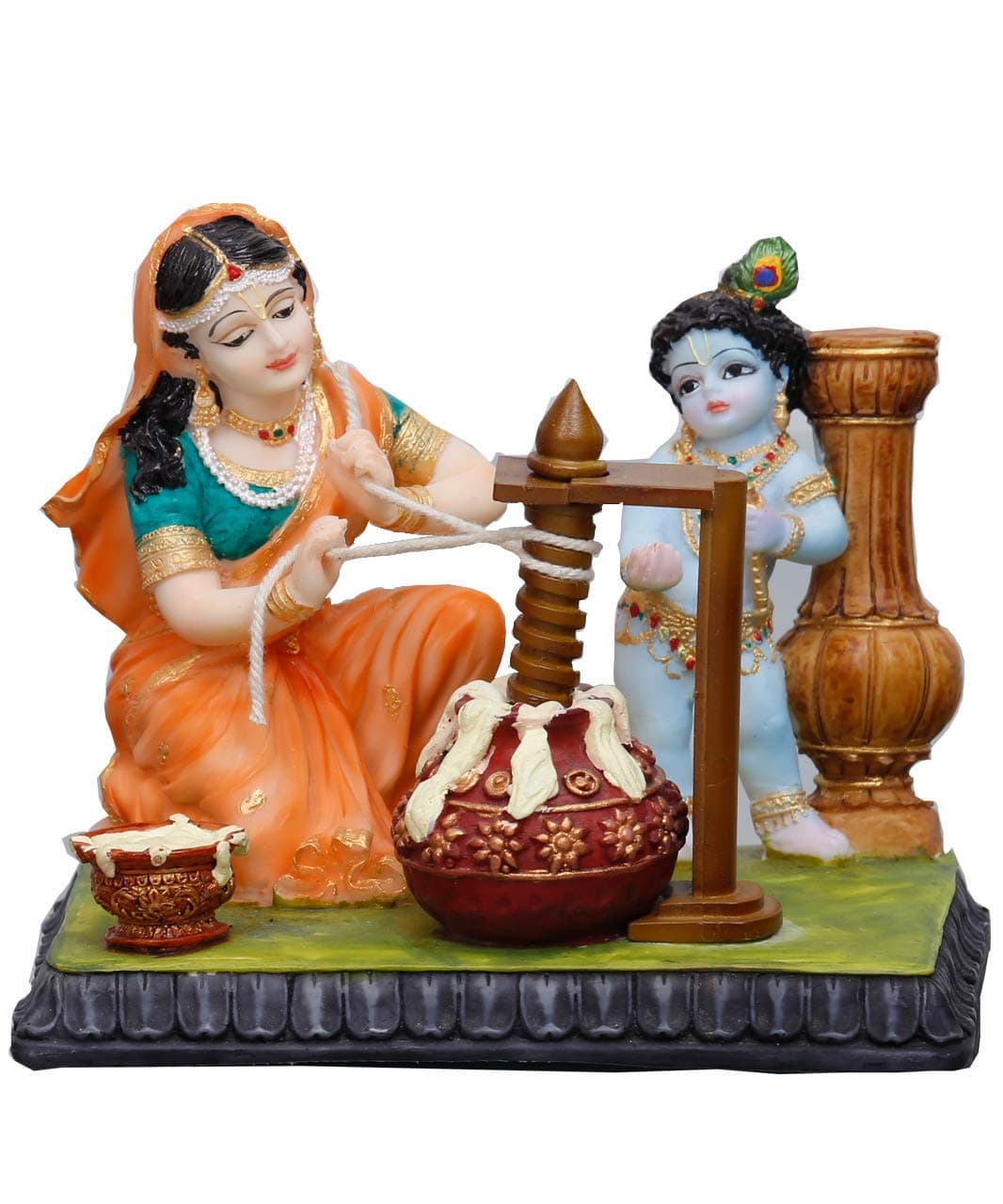 Ma Yashoda Extracting Butter & Krishna Murti-Hindu God and Goddess Idol/Statue/Murti/Figurine(5.5")-Polyster Resin-Multicolour