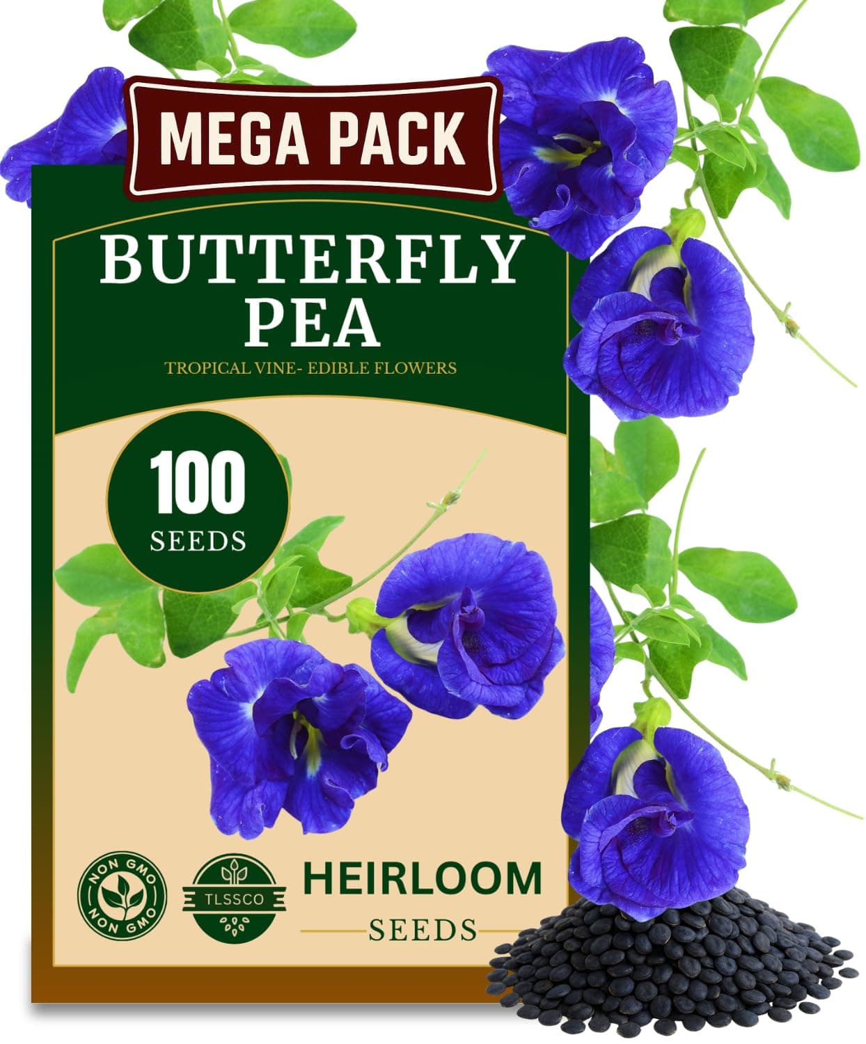 100+ USA Premium Butterfly Pea Flower Seeds for Planting, Non-GMO Seeds, Blue Butterfly Pea Vine (Clitoria Ternatea) Asian Pigeonwings -Tropical Vine Plant - Edible Flower Seeds