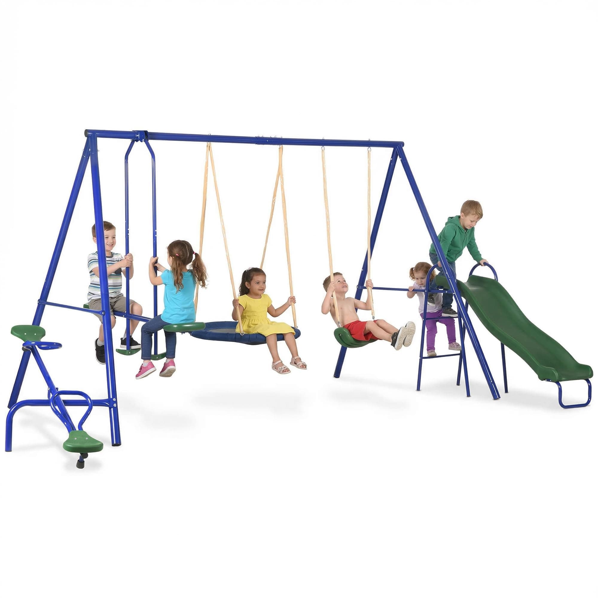 Outsunny Swing Set for Backyard, 5 in 1 Outdoor Playset for Kids with Heavy-Duty A-Frame Stand, 29.5" Saucer Swing, Slide, Teeter-Totter, Glider, 693 Lbs Load, Blue