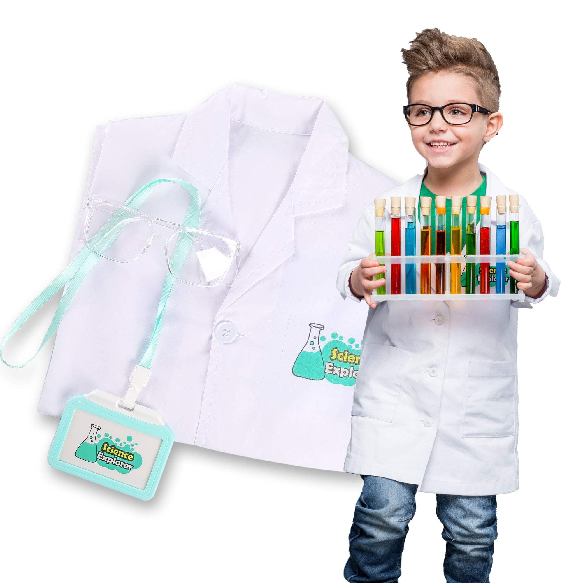 Lab Coat for Kids Scientist Costume with Goggle and Personalized ID Card for Science Projects and Experiments (5-8 Years)